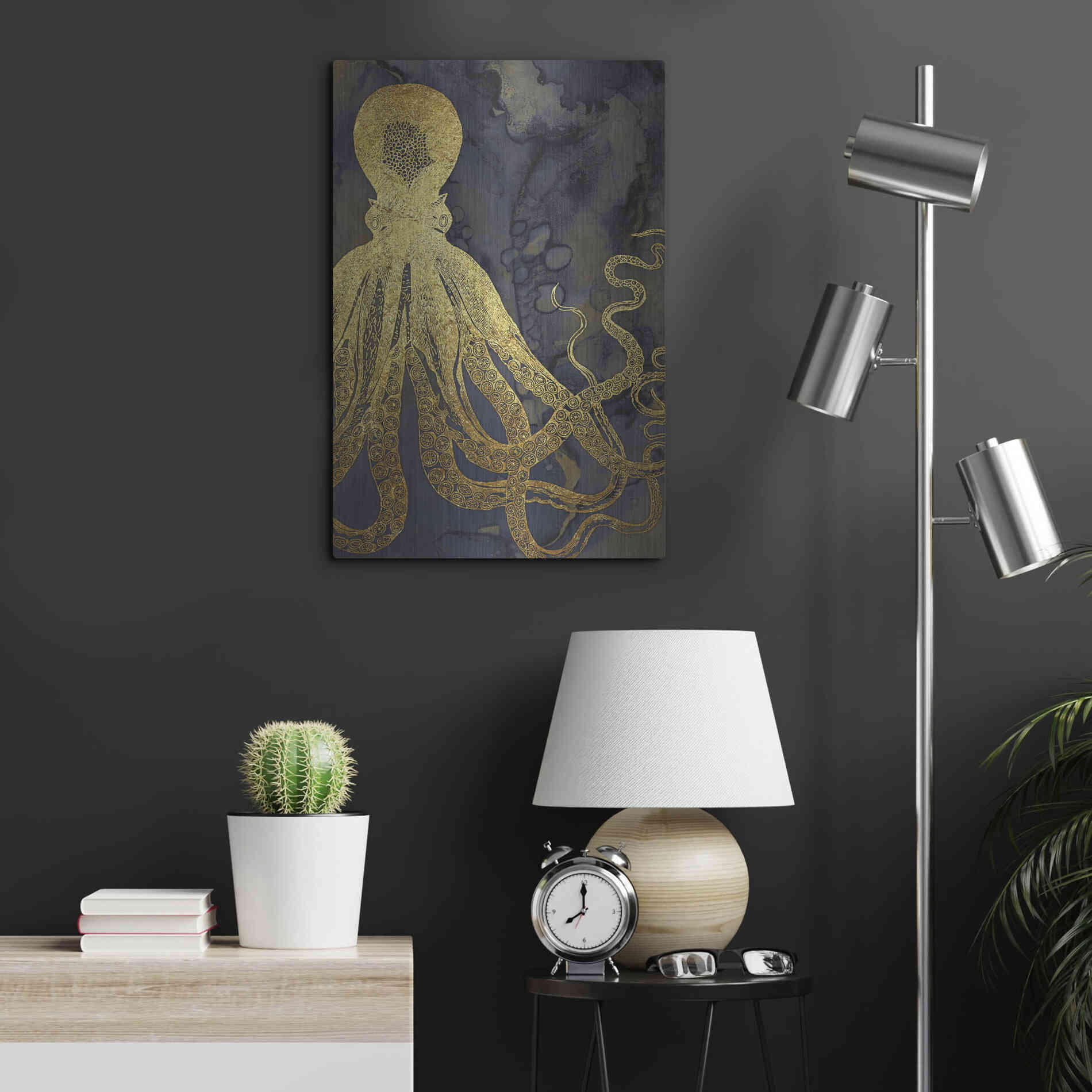Luxe Metal Art 'Octopus Ink Gold & Blue I' by Christine Zalewski, Metal Wall Art,16x24