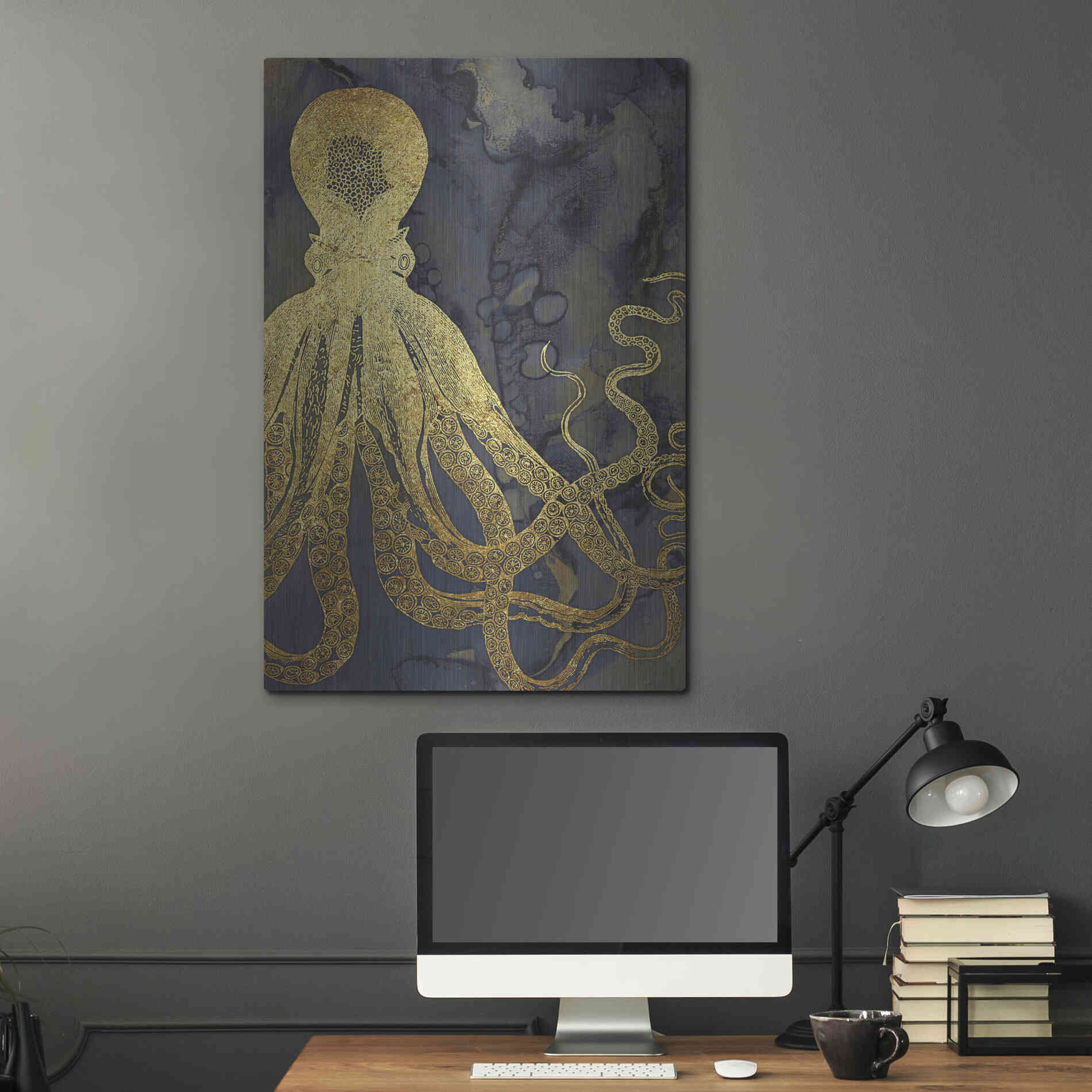 Luxe Metal Art 'Octopus Ink Gold & Blue I' by Christine Zalewski, Metal Wall Art,24x36
