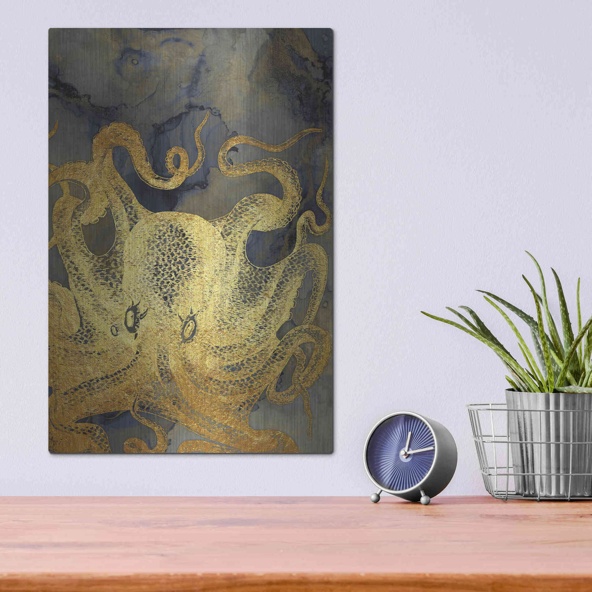 Luxe Metal Art 'Octopus Ink Gold & Blue II' by Christine Zalewski, Metal Wall Art,12x16