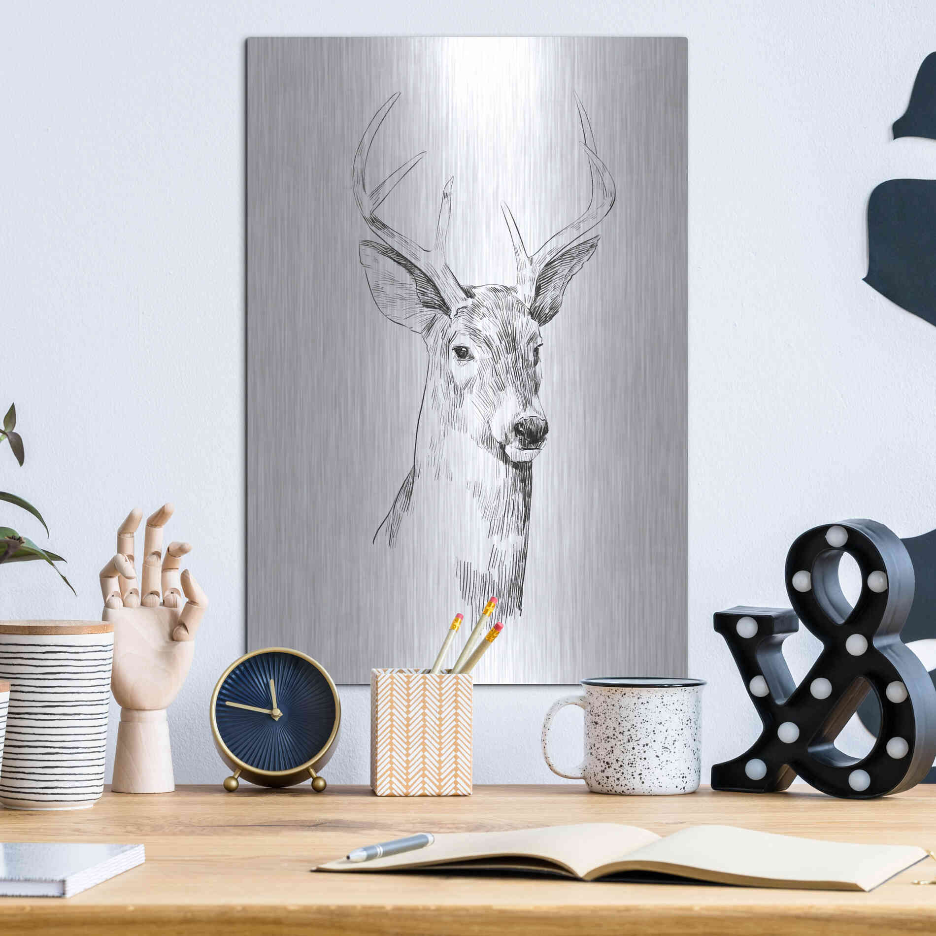 Luxe Metal Art 'Young Buck Sketch I' by Emma Scarvey, Metal Wall Art,12x16