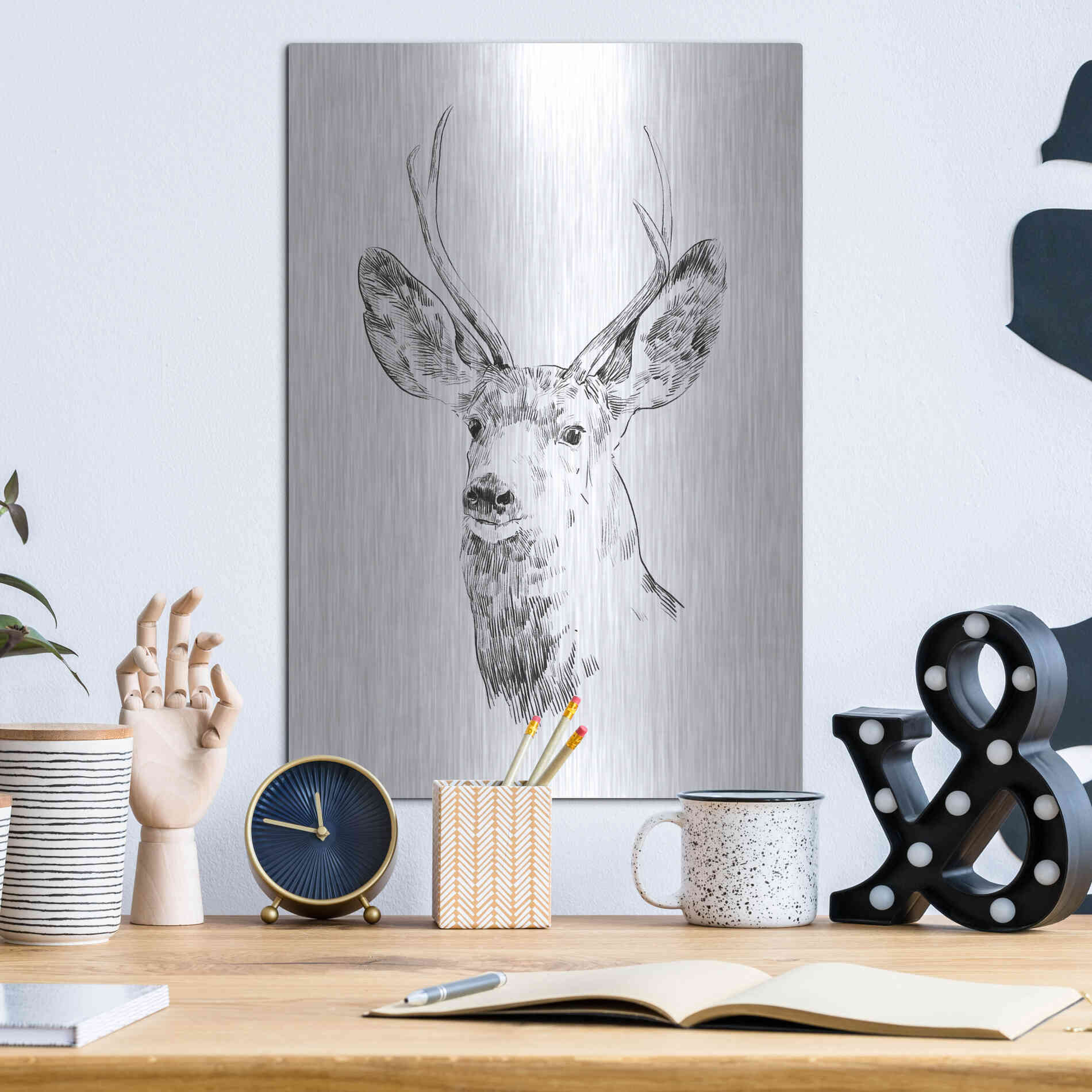 Luxe Metal Art 'Young Buck Sketch IV' by Emma Scarvey, Metal Wall Art,12x16