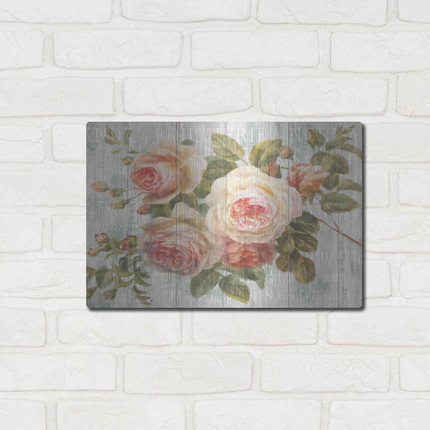 Luxe Metal Art 'Vintage Roses on Driftwood' by Danhui Nai Metal Wall Art,,16x12