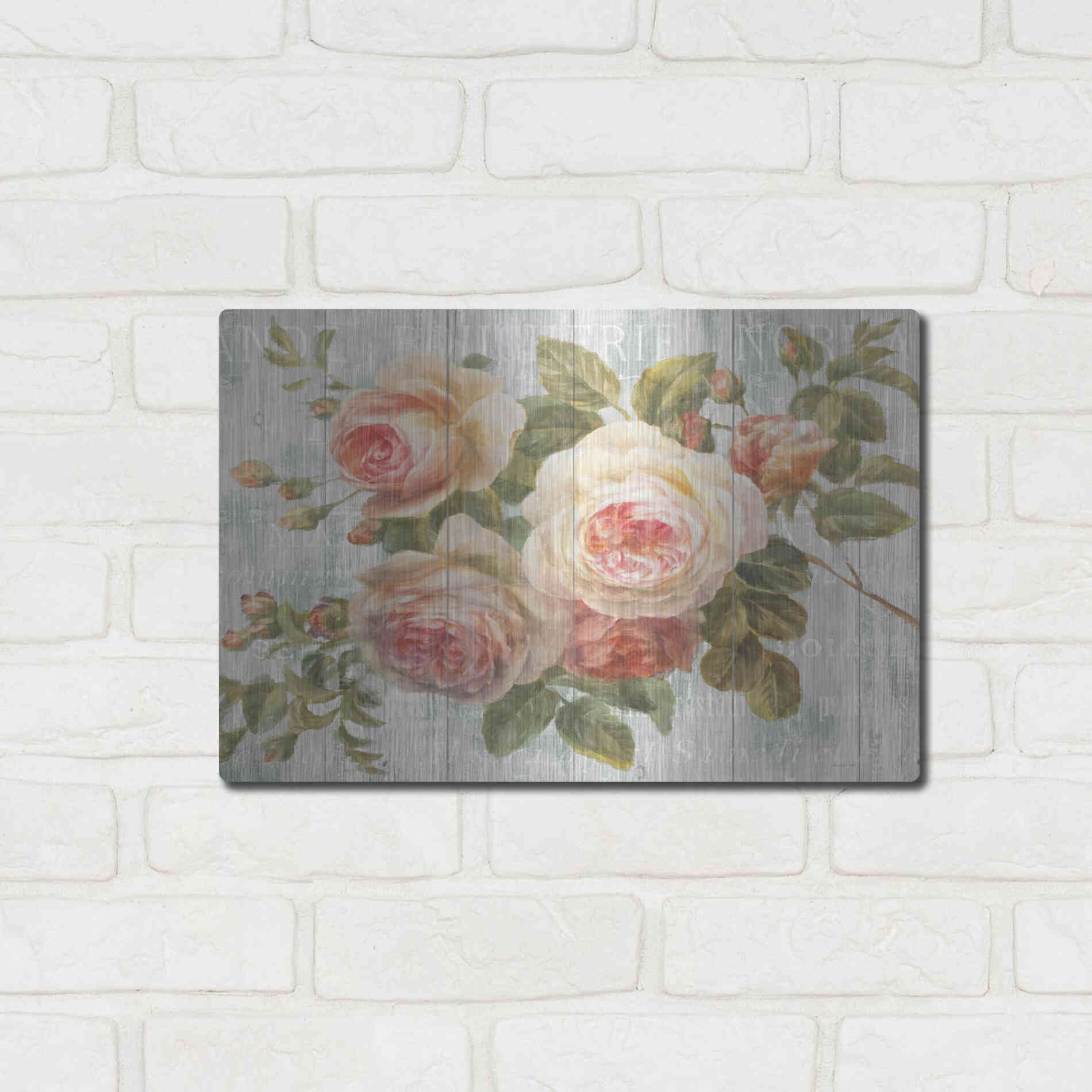 Luxe Metal Art 'Vintage Roses on Driftwood' by Danhui Nai Metal Wall Art,,16x12