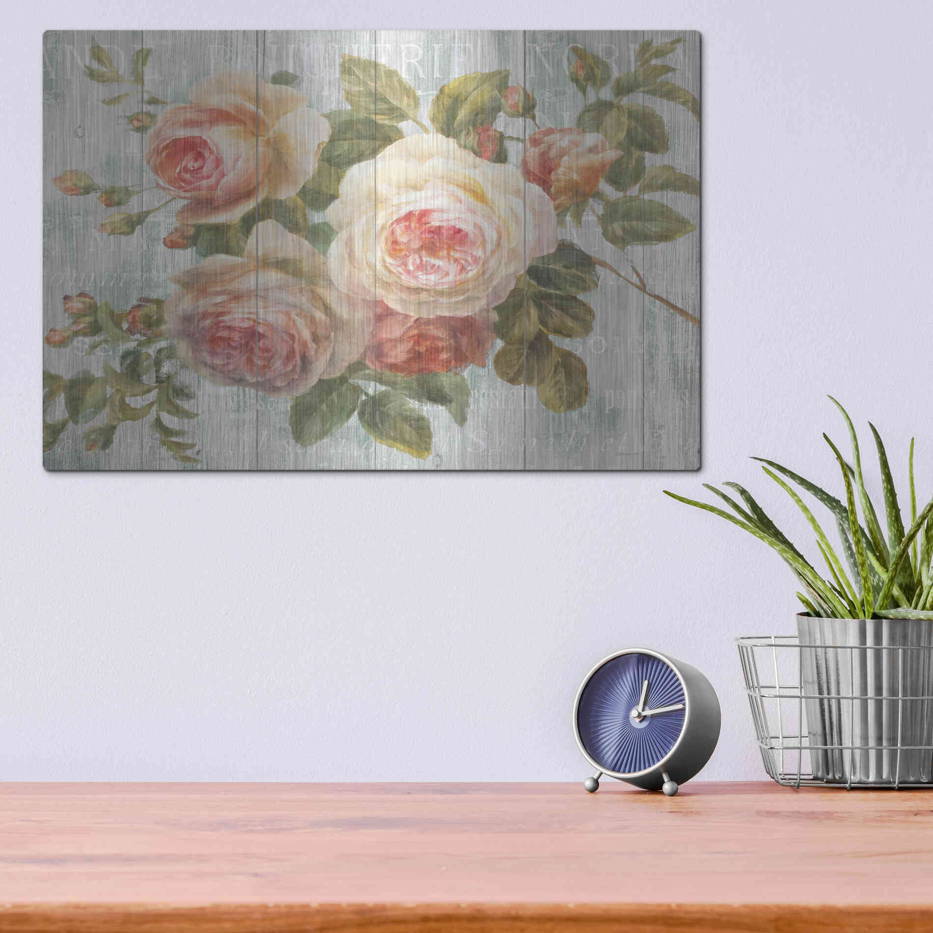 Luxe Metal Art 'Vintage Roses on Driftwood' by Danhui Nai Metal Wall Art,,16x12