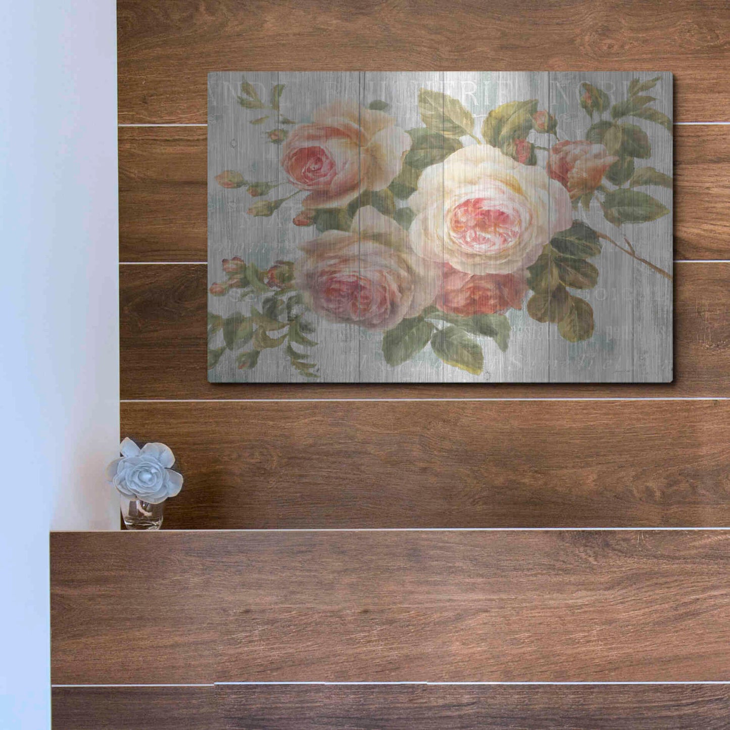 Luxe Metal Art 'Vintage Roses on Driftwood' by Danhui Nai Metal Wall Art,,16x12