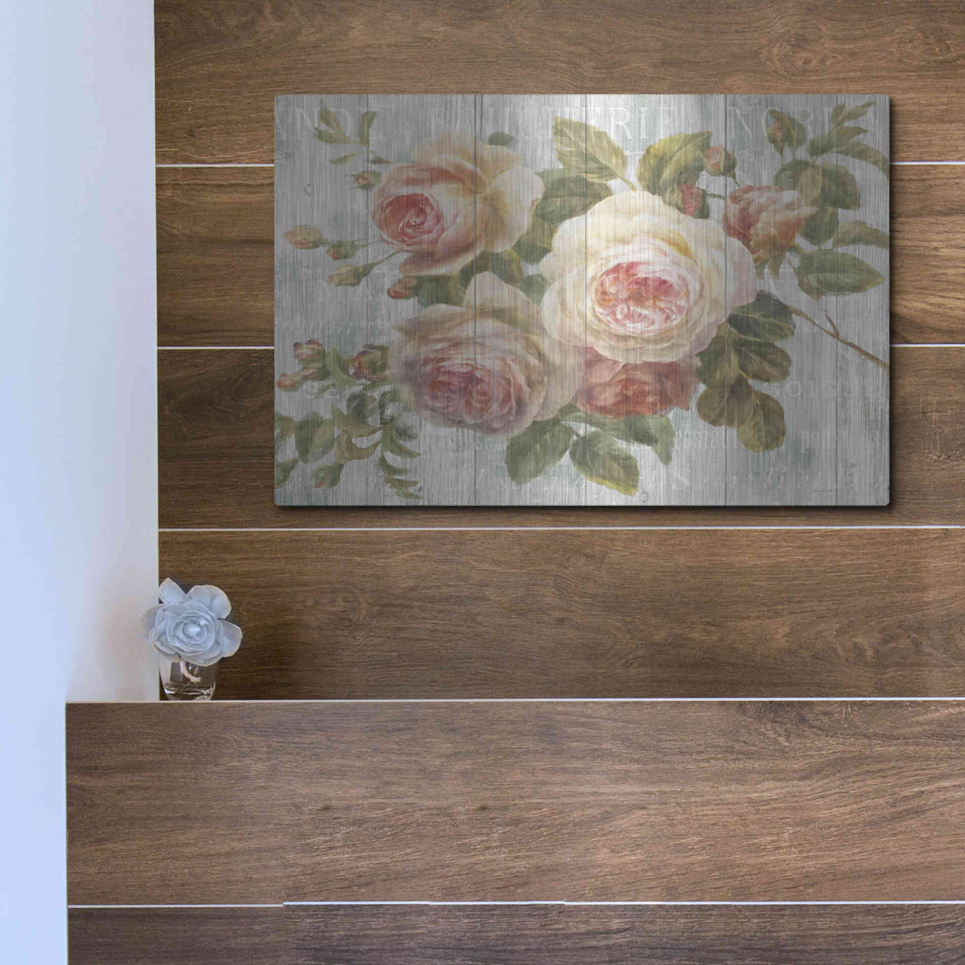 Luxe Metal Art 'Vintage Roses on Driftwood' by Danhui Nai Metal Wall Art,,16x12