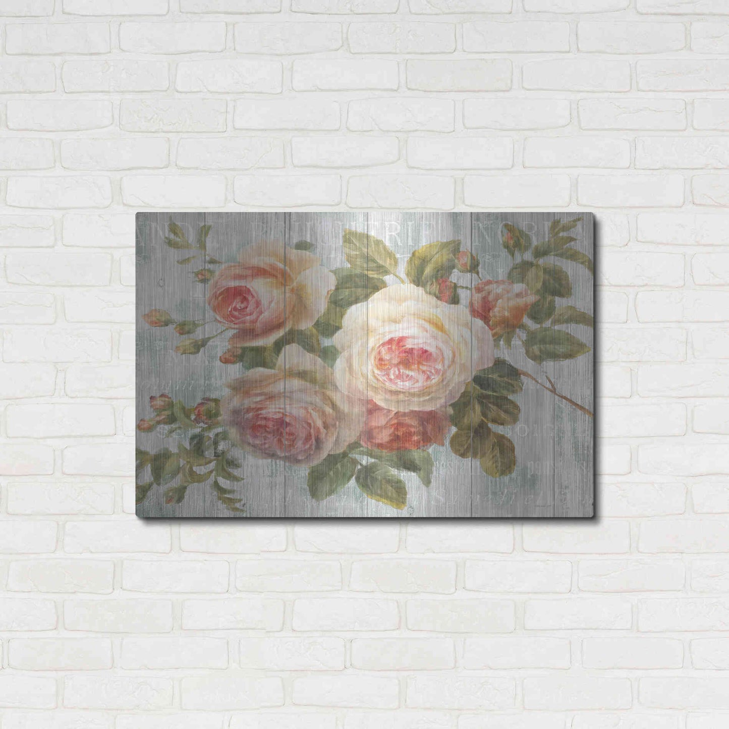 Luxe Metal Art 'Vintage Roses on Driftwood' by Danhui Nai Metal Wall Art,,36x24