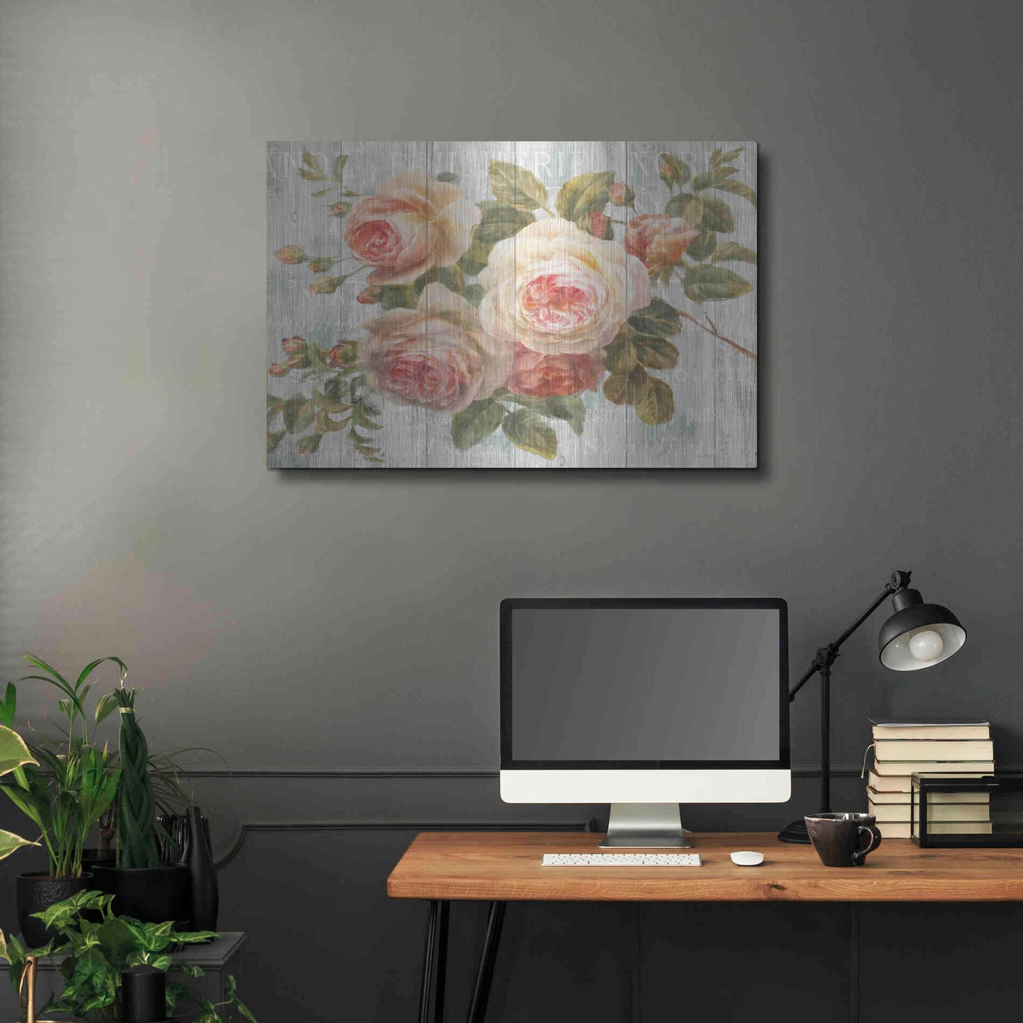 Luxe Metal Art 'Vintage Roses on Driftwood' by Danhui Nai Metal Wall Art,,36x24