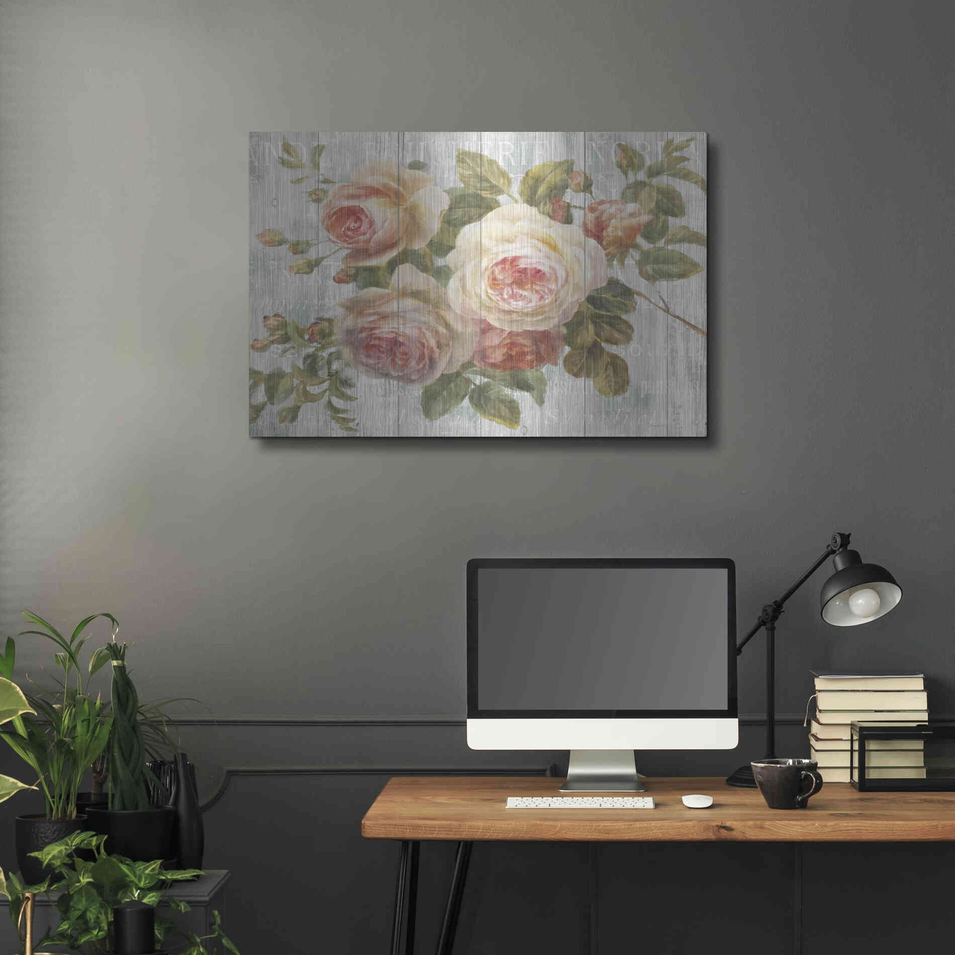 Luxe Metal Art 'Vintage Roses on Driftwood' by Danhui Nai Metal Wall Art,,36x24