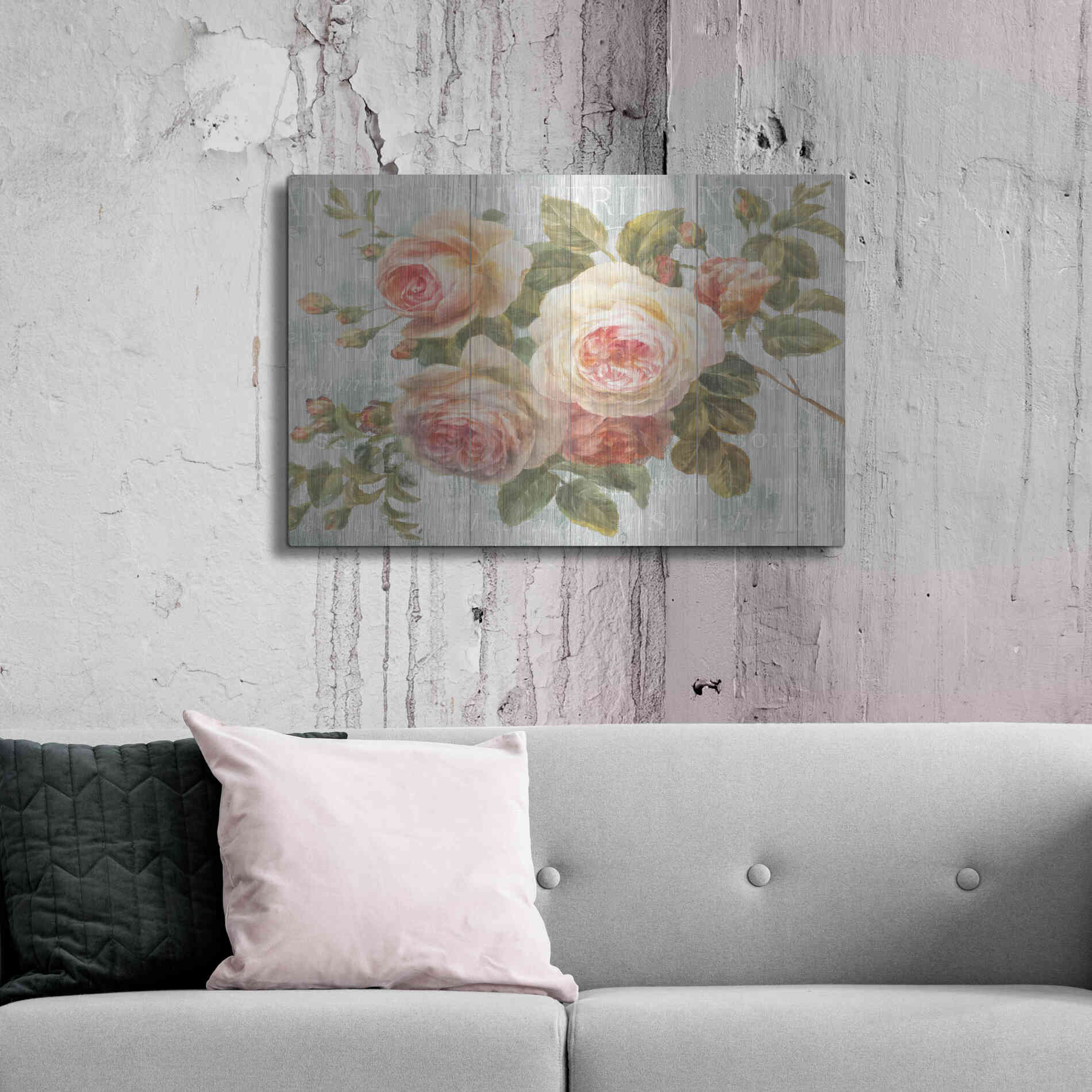 Luxe Metal Art 'Vintage Roses on Driftwood' by Danhui Nai Metal Wall Art,,36x24