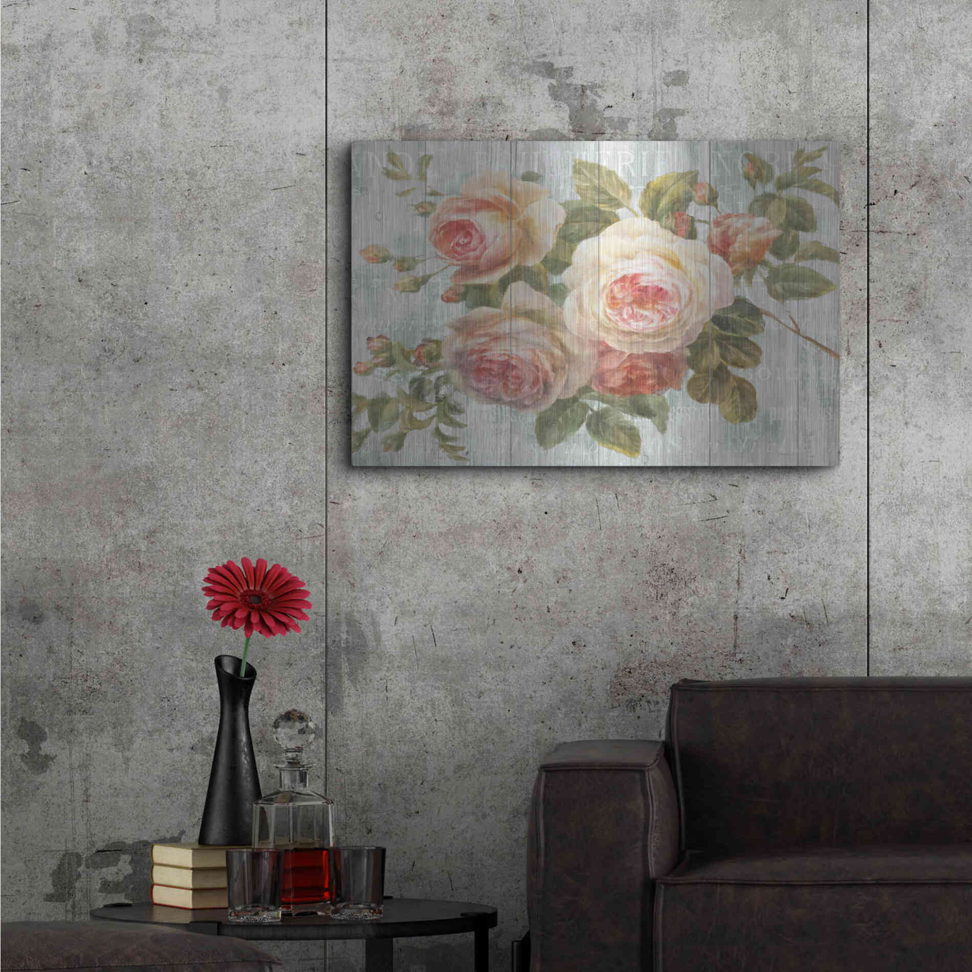 Luxe Metal Art 'Vintage Roses on Driftwood' by Danhui Nai Metal Wall Art,,36x24