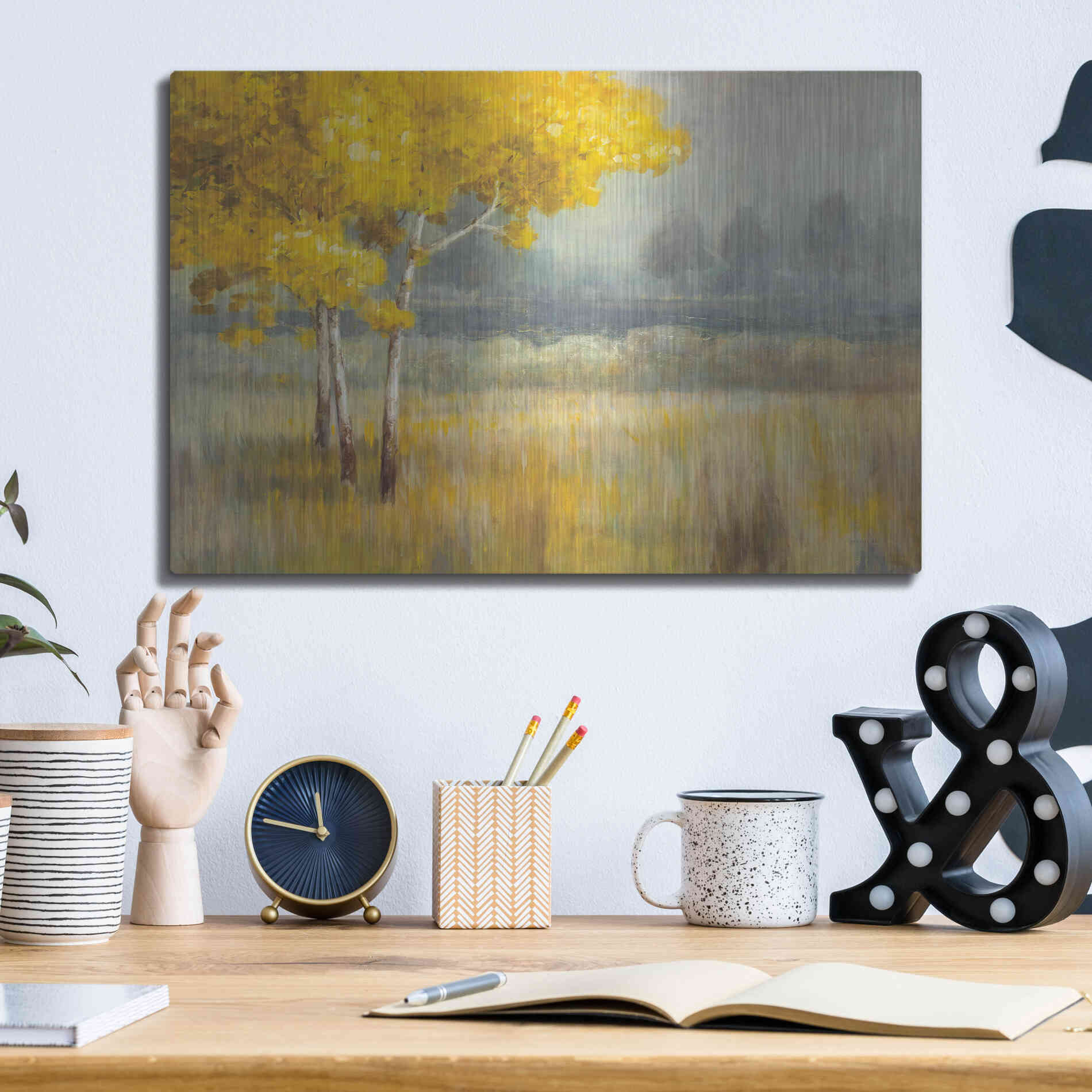 Luxe Metal Art 'Yellow Landscape' by Danhui Nai, Metal Wall Art,16x12