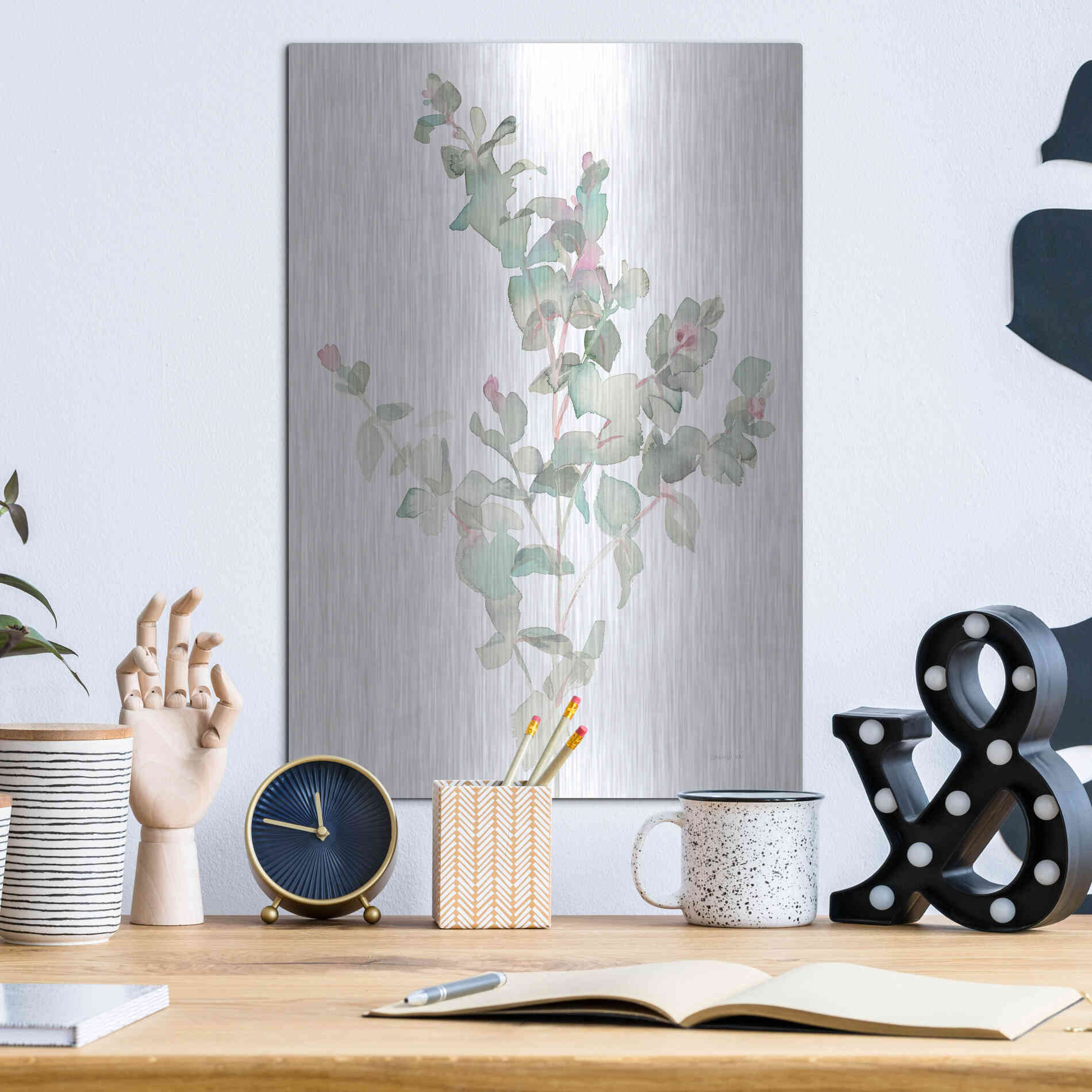 Luxe Metal Art 'Eucalyptus II White' by Danhui Nai, Metal Wall Art,12x16