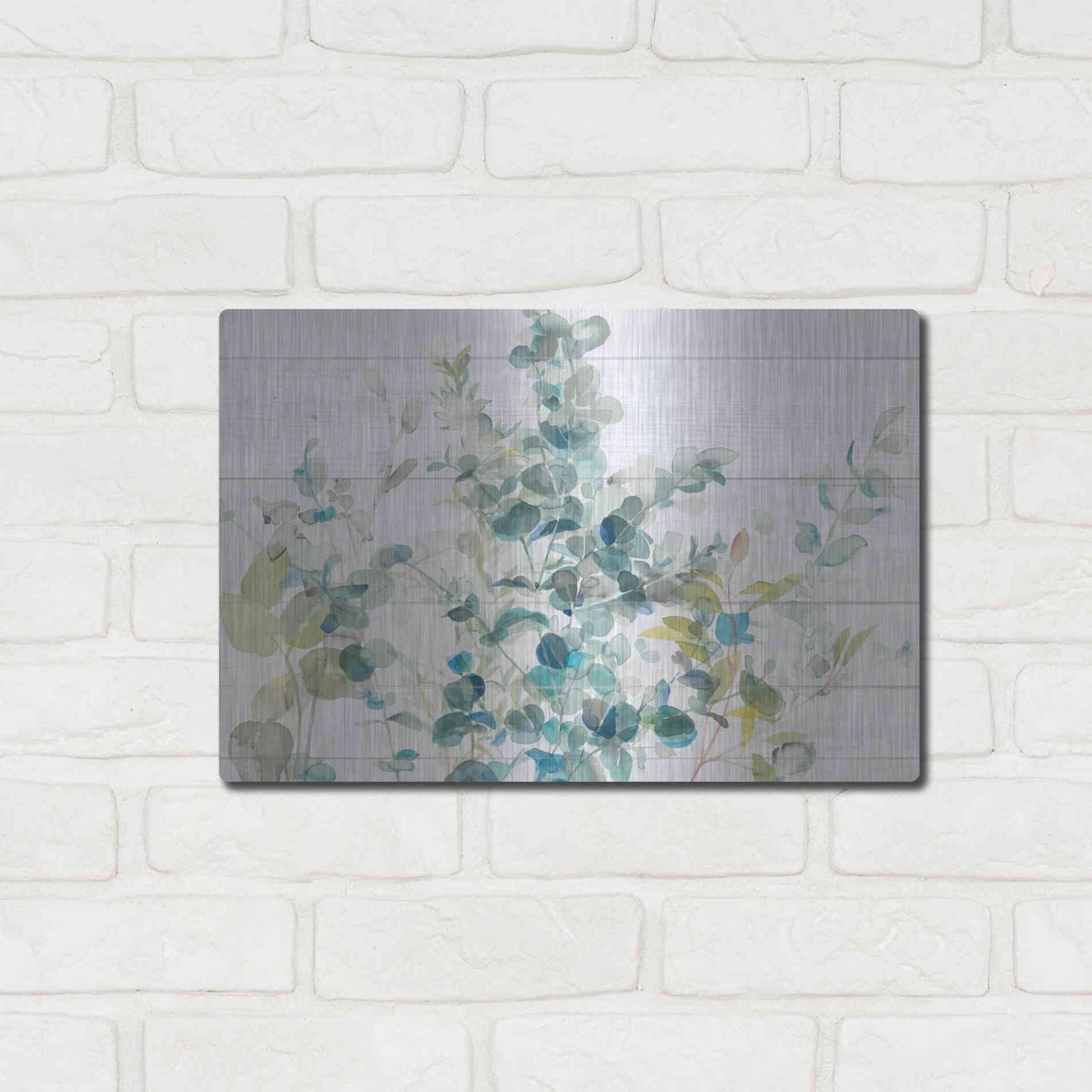 Luxe Metal Art 'Eucalyptus I on Shiplap Crop' by Danhui Nai, Metal Wall Art,16x12
