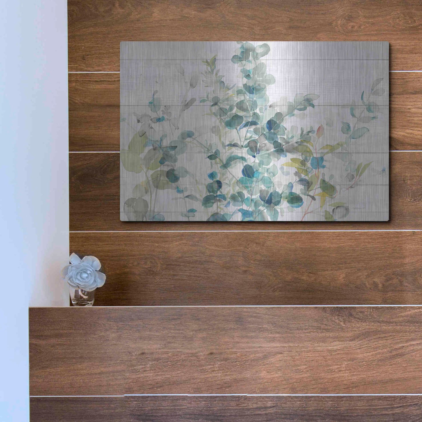 Luxe Metal Art 'Eucalyptus I on Shiplap Crop' by Danhui Nai, Metal Wall Art,16x12