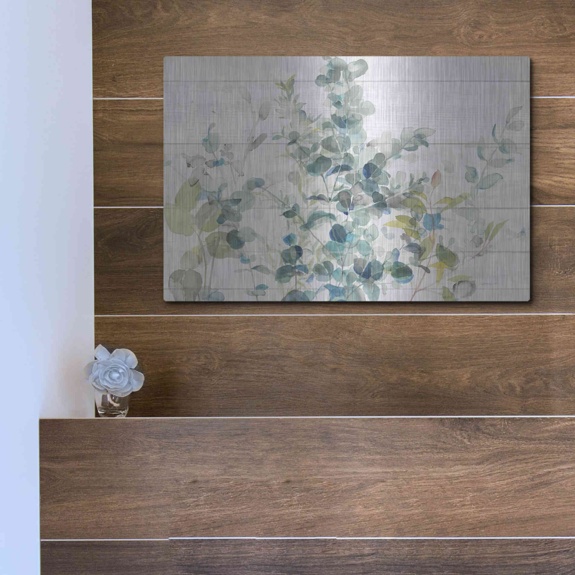 Luxe Metal Art 'Eucalyptus I on Shiplap Crop' by Danhui Nai, Metal Wall Art,16x12
