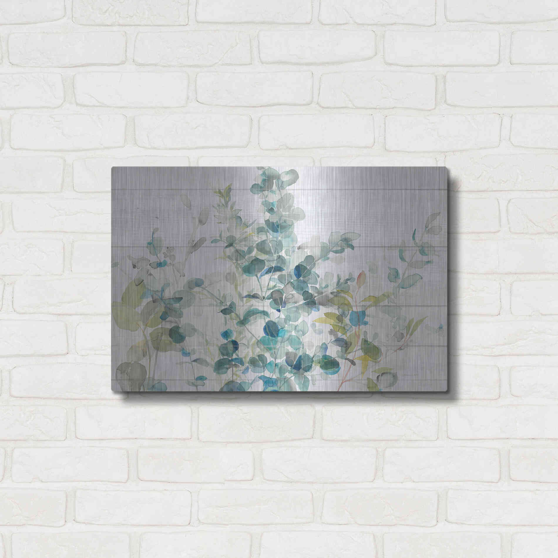 Luxe Metal Art 'Eucalyptus I on Shiplap Crop' by Danhui Nai, Metal Wall Art,24x16
