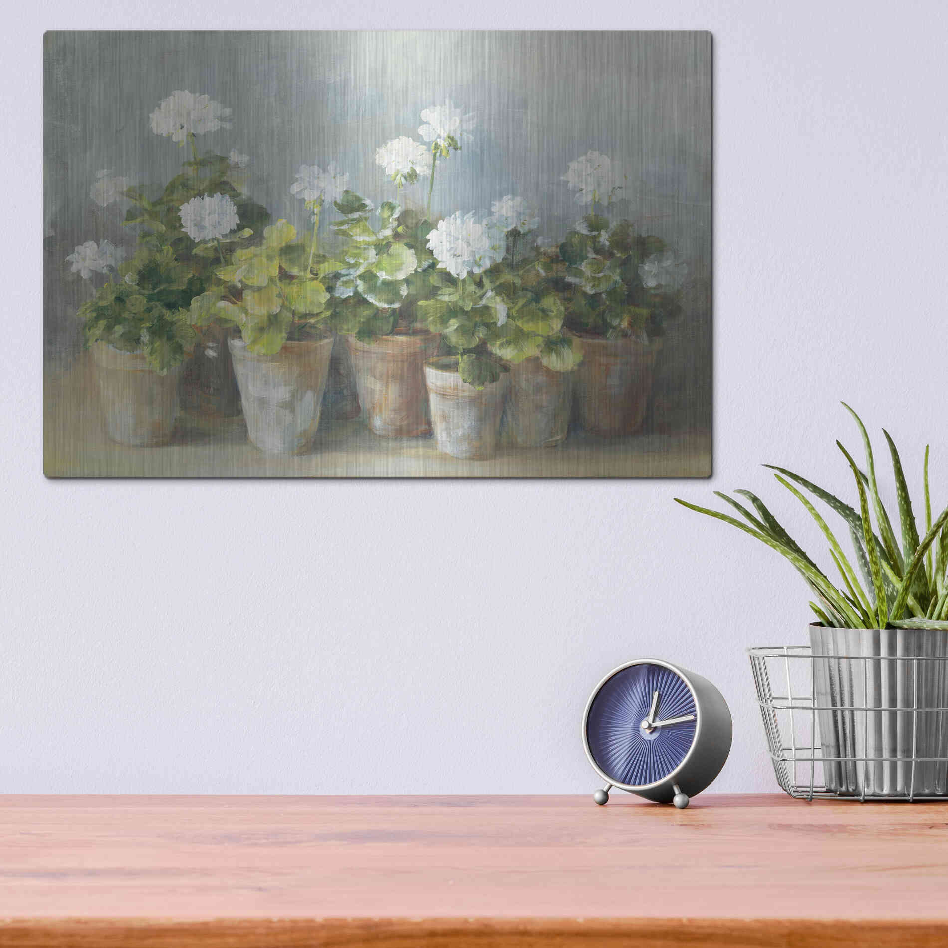 Luxe Metal Art 'White Geraniums Crop' by Danhui Nai, Metal Wall Art,16x12