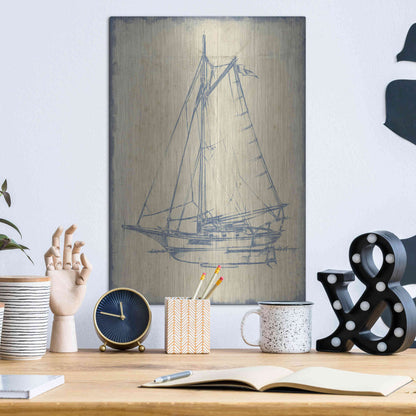 Luxe Metal Art 'Yacht Blueprint II' by Ethan Harper, Metal Wall Art,12x16