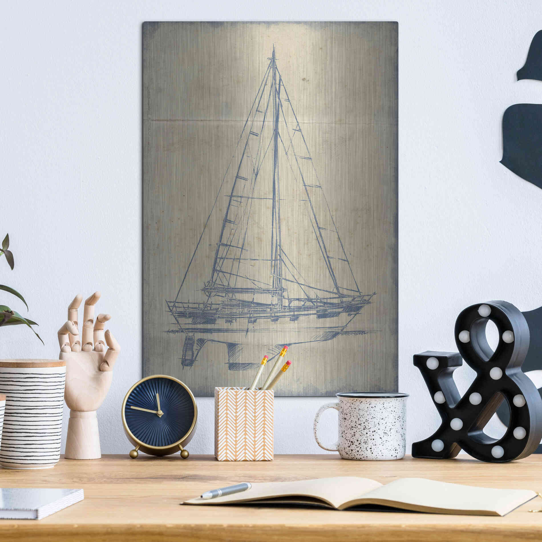 Luxe Metal Art 'Yacht Blueprint IV' by Ethan Harper, Metal Wall Art,12x16