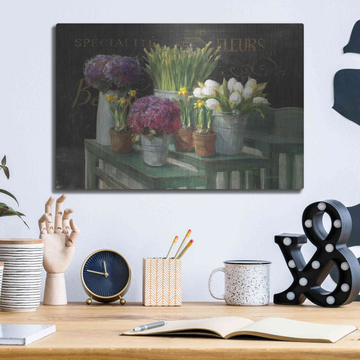 Luxe Metal Art 'Les Fleurs Printemps on Black' by Danhui Nai, Metal Wall Art,16x12