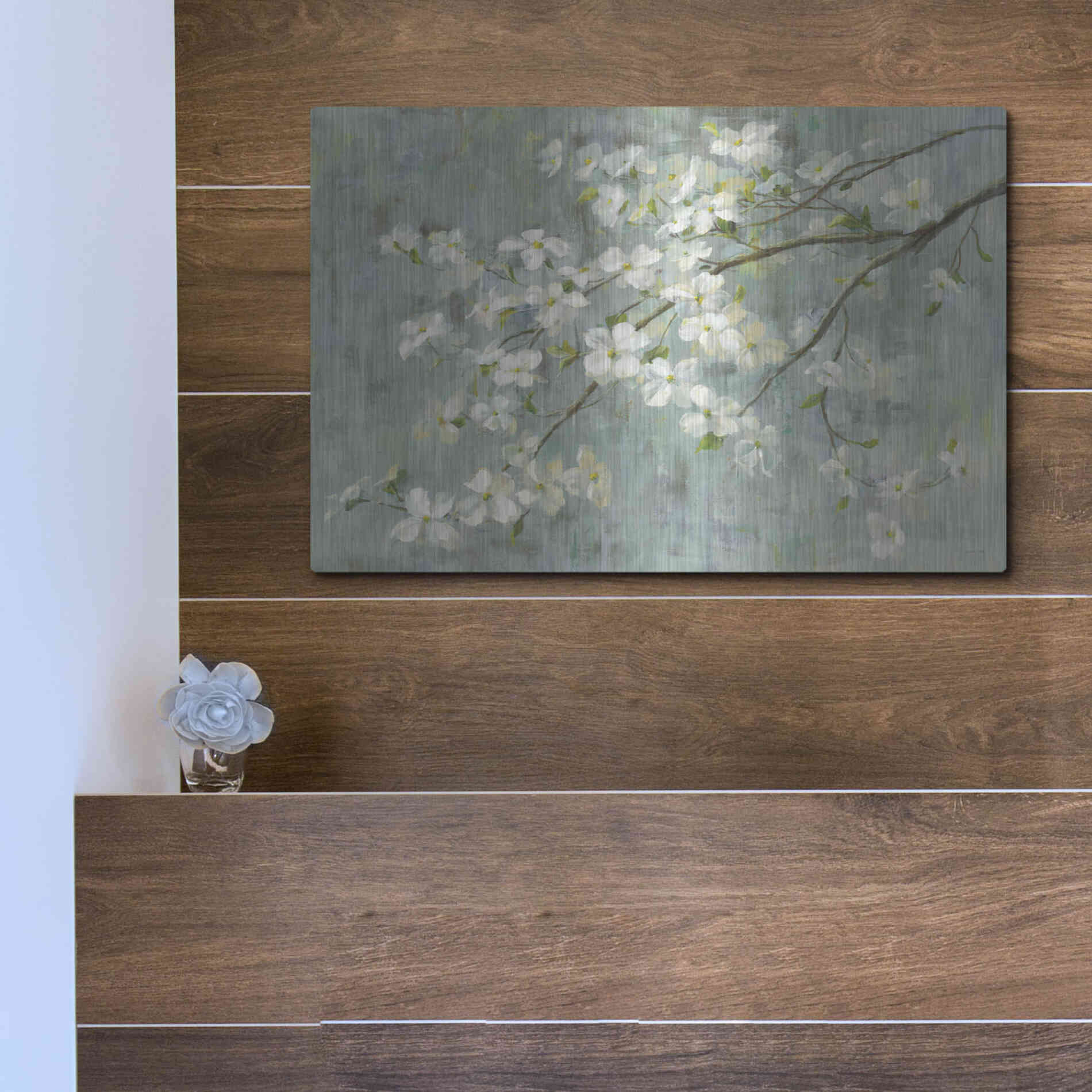 Luxe Metal Art 'Dogwood in Spring on Blue' by Danhui Nai, Metal Wall Art,16x12