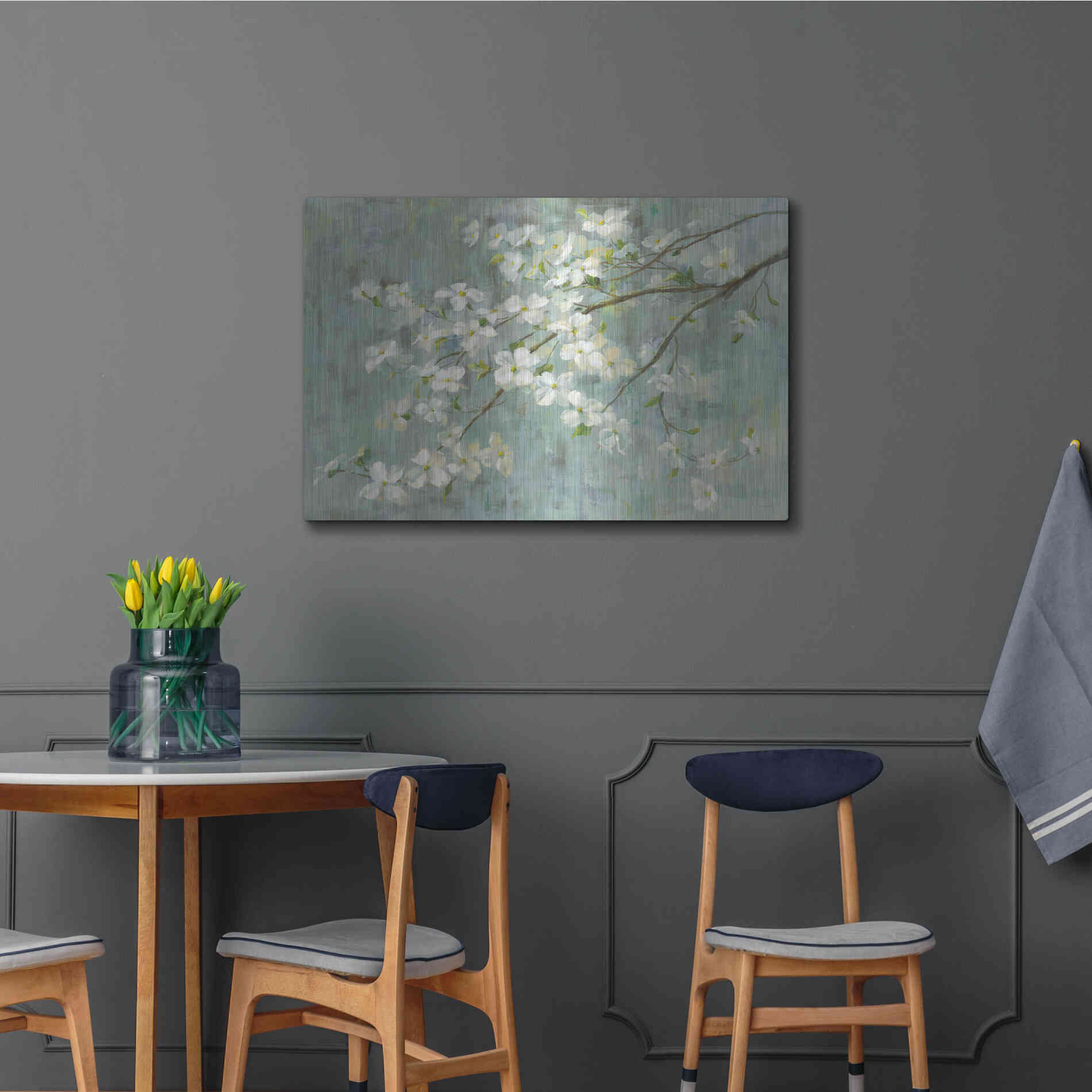 Luxe Metal Art 'Dogwood in Spring on Blue' by Danhui Nai, Metal Wall Art,36x24