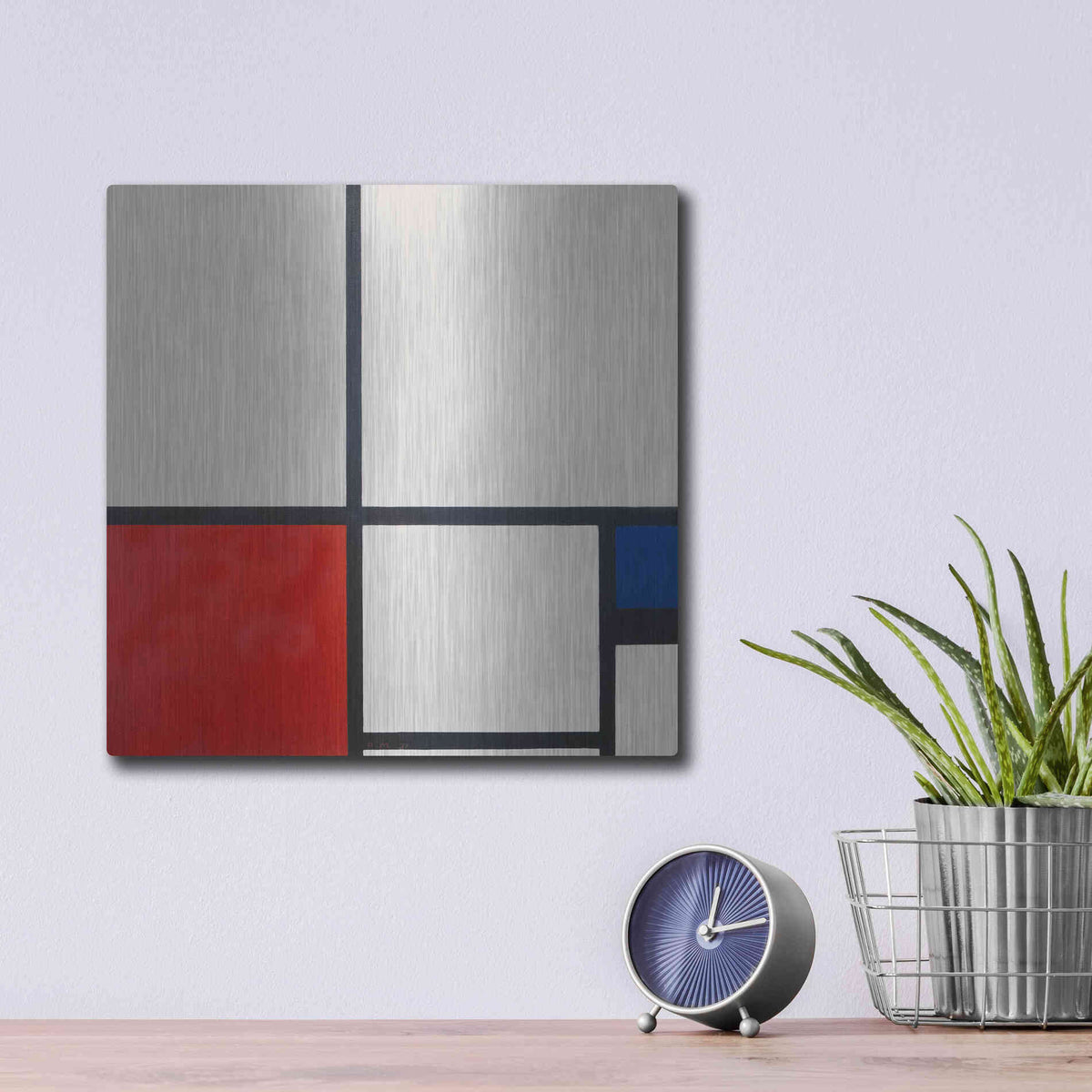 Luxe Metal Art 'Composition in White, Red and Blue' by Piet Mondrian, Metal Wall Art,12x12