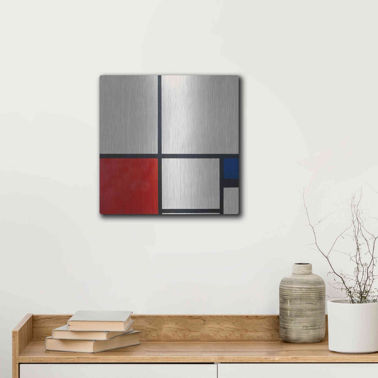 Luxe Metal Art 'Composition in White, Red and Blue' by Piet Mondrian, Metal Wall Art,12x12
