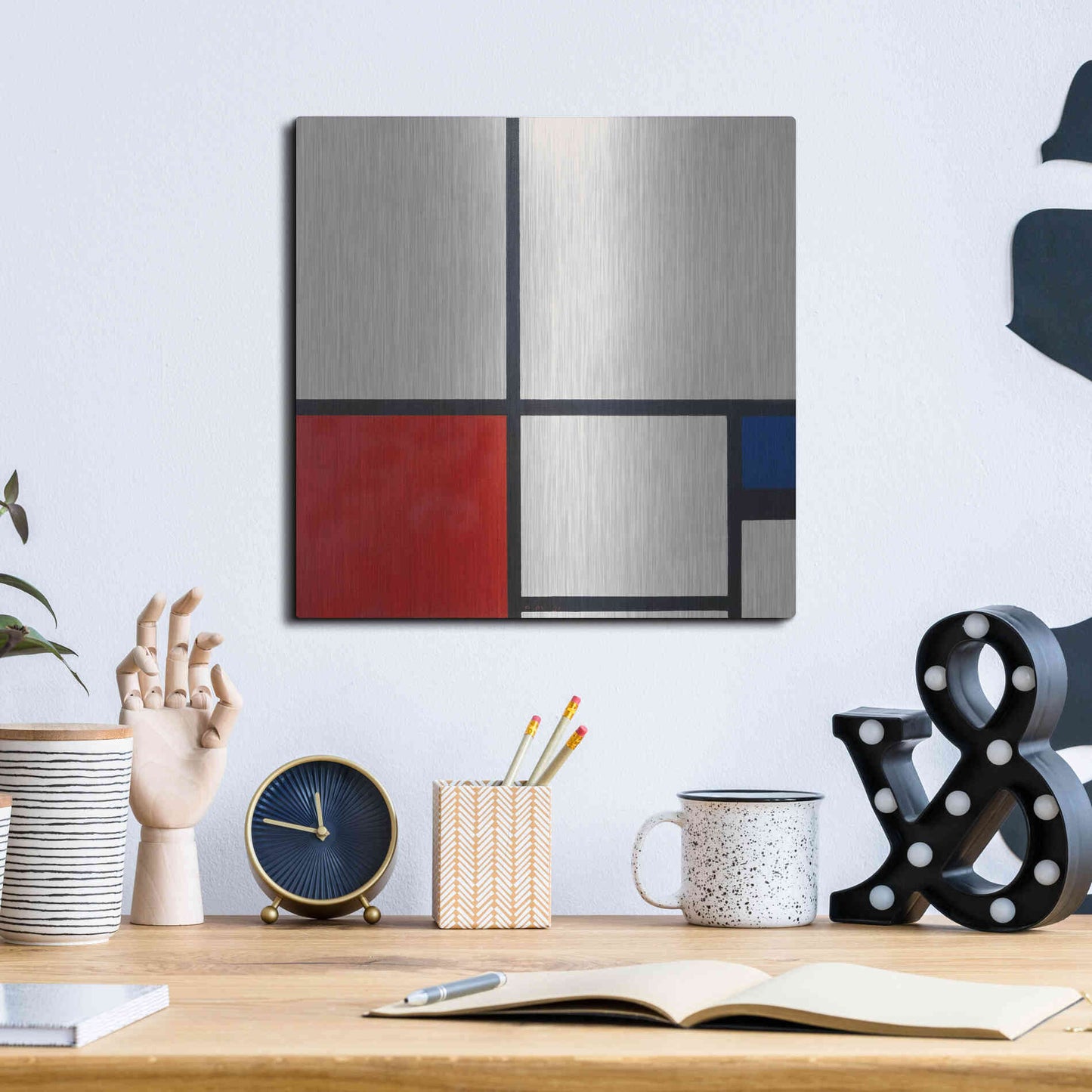Luxe Metal Art 'Composition in White, Red and Blue' by Piet Mondrian, Metal Wall Art,12x12