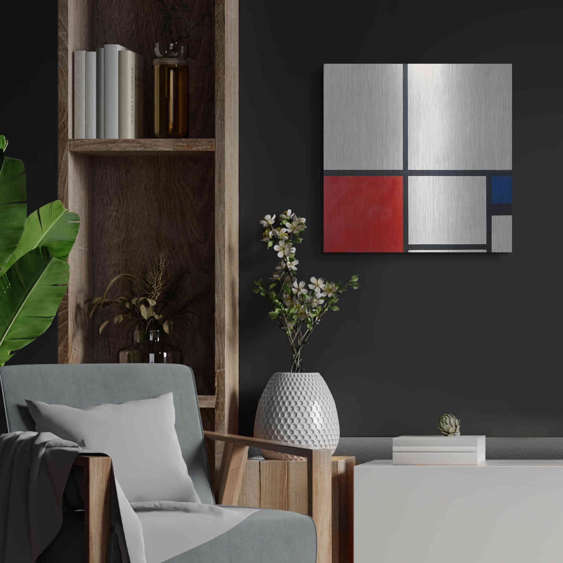 Luxe Metal Art 'Composition in White, Red and Blue' by Piet Mondrian, Metal Wall Art,24x24