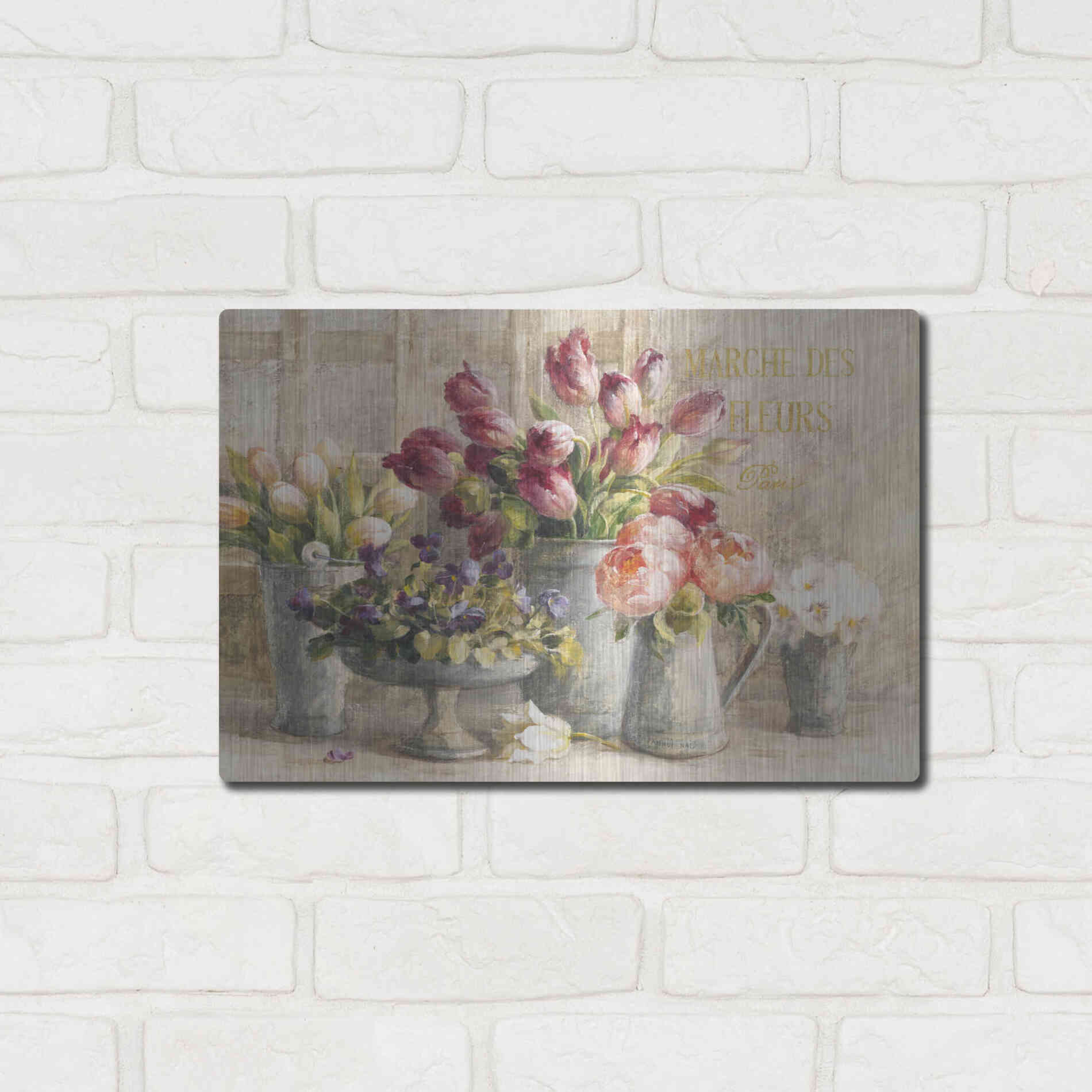 Luxe Metal Art 'Marche des Fleurs Blue Gold' by Danhui Nai, Metal Wall Art,16x12