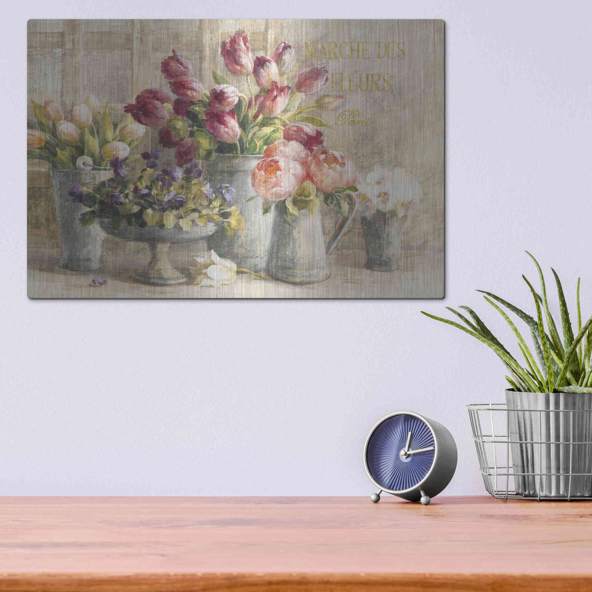 Luxe Metal Art 'Marche des Fleurs Blue Gold' by Danhui Nai, Metal Wall Art,16x12