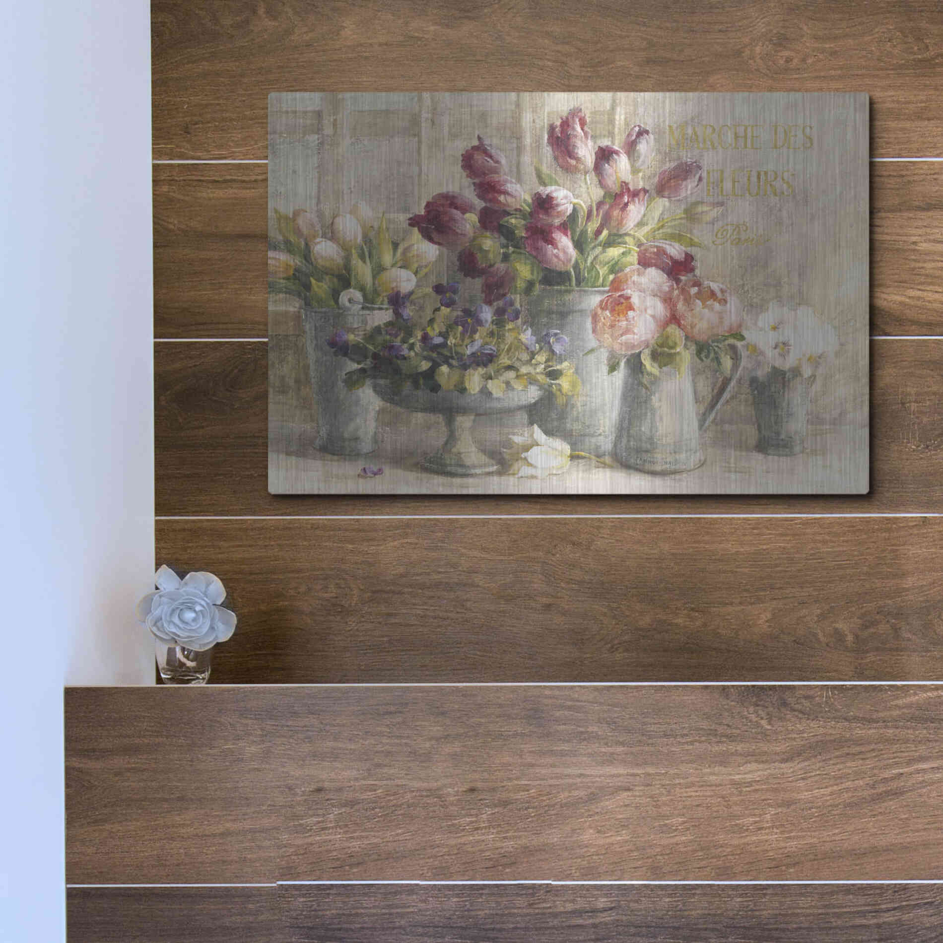 Luxe Metal Art 'Marche des Fleurs Blue Gold' by Danhui Nai, Metal Wall Art,16x12