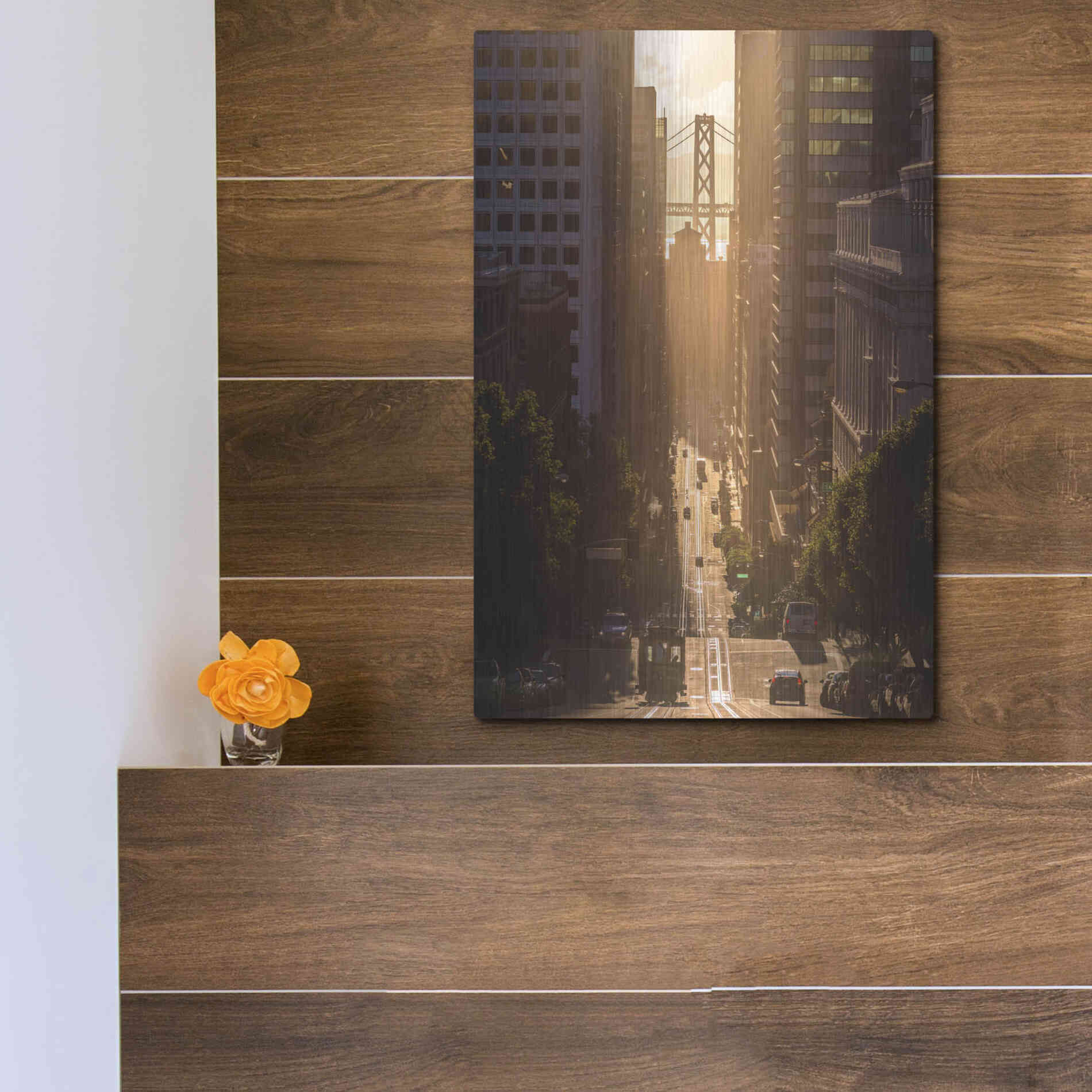 Luxe Metal Art 'Morning Trolley 2' by Bruce Getty, Metal Wall Art,12x16