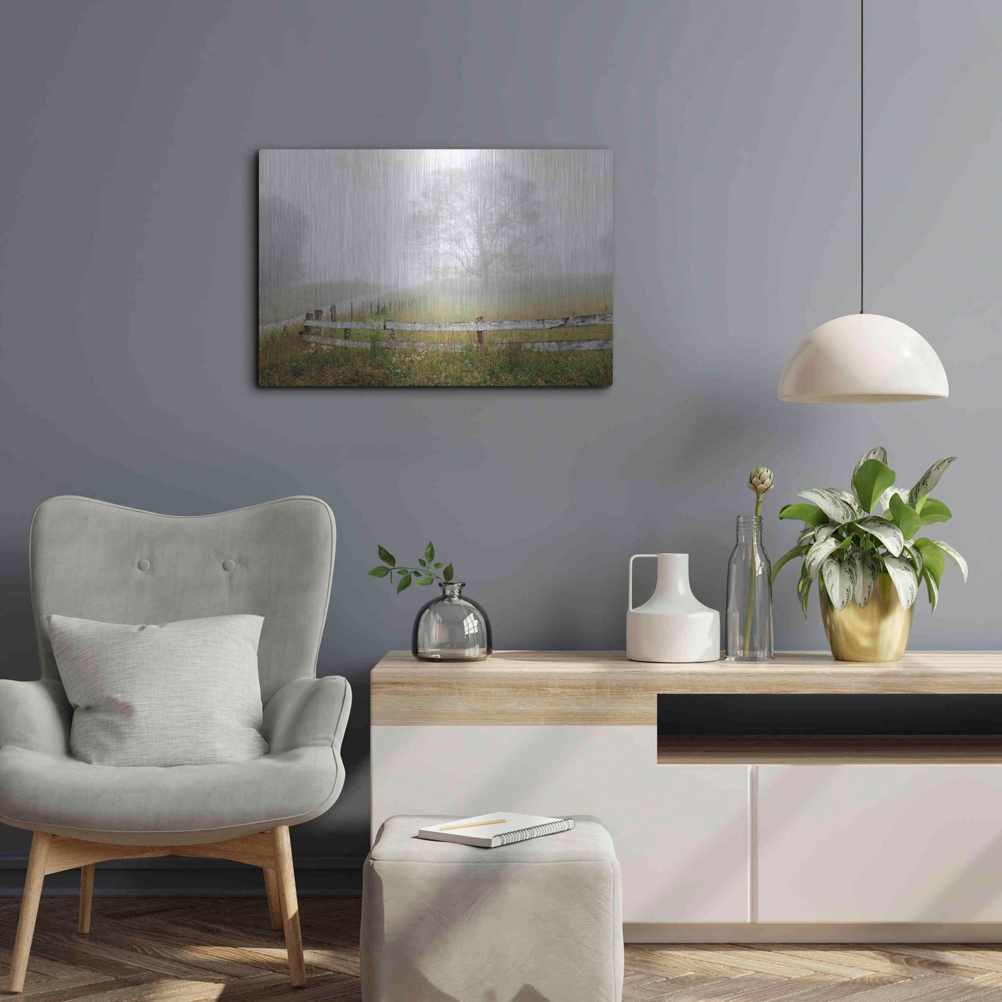 Luxe Metal Art 'Foggy Rural Scene' by David Hammond, Metal Wall Art,24x16