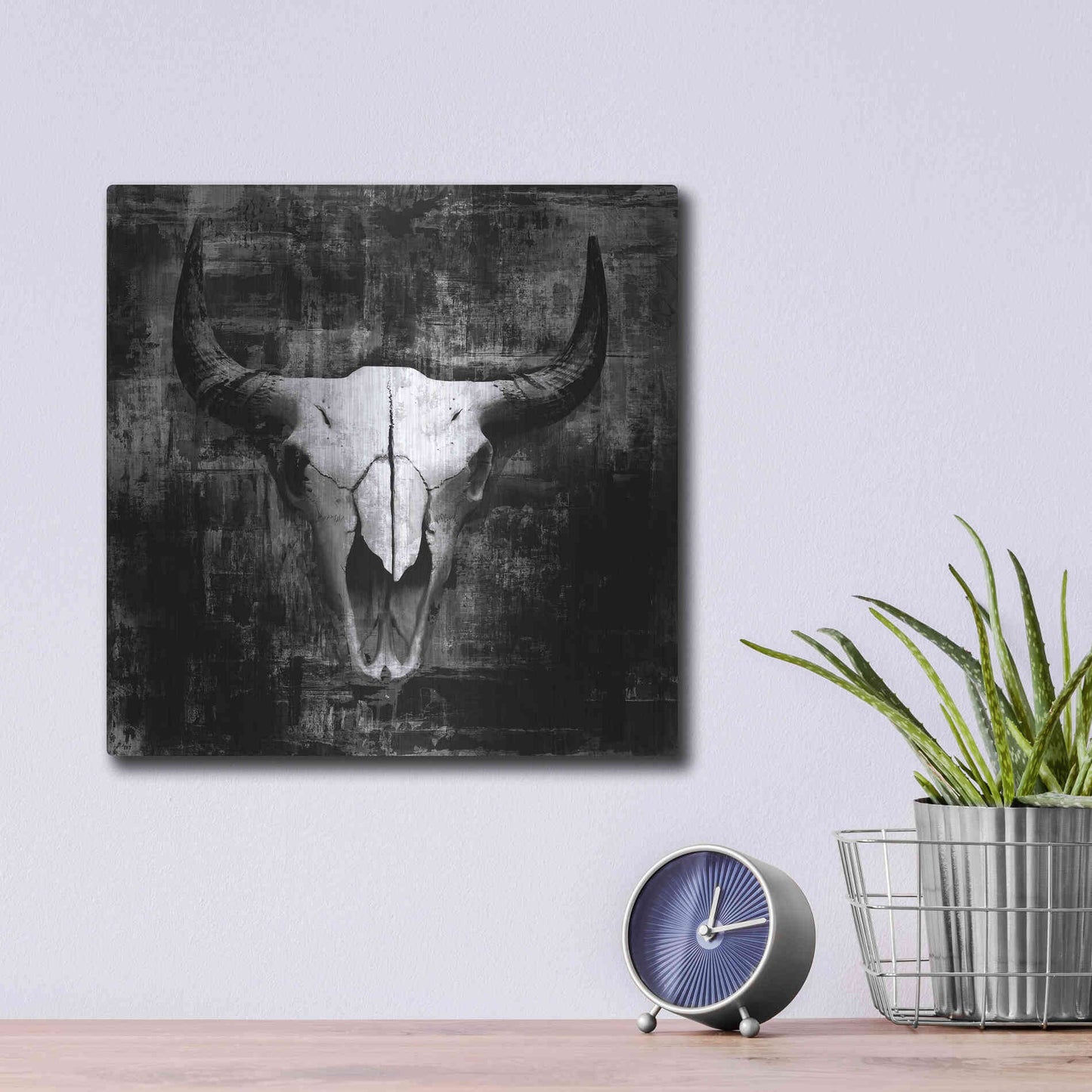 Luxe Metal Art 'Black Cowskull' by GraphINC, Metal Wall Art,12x12