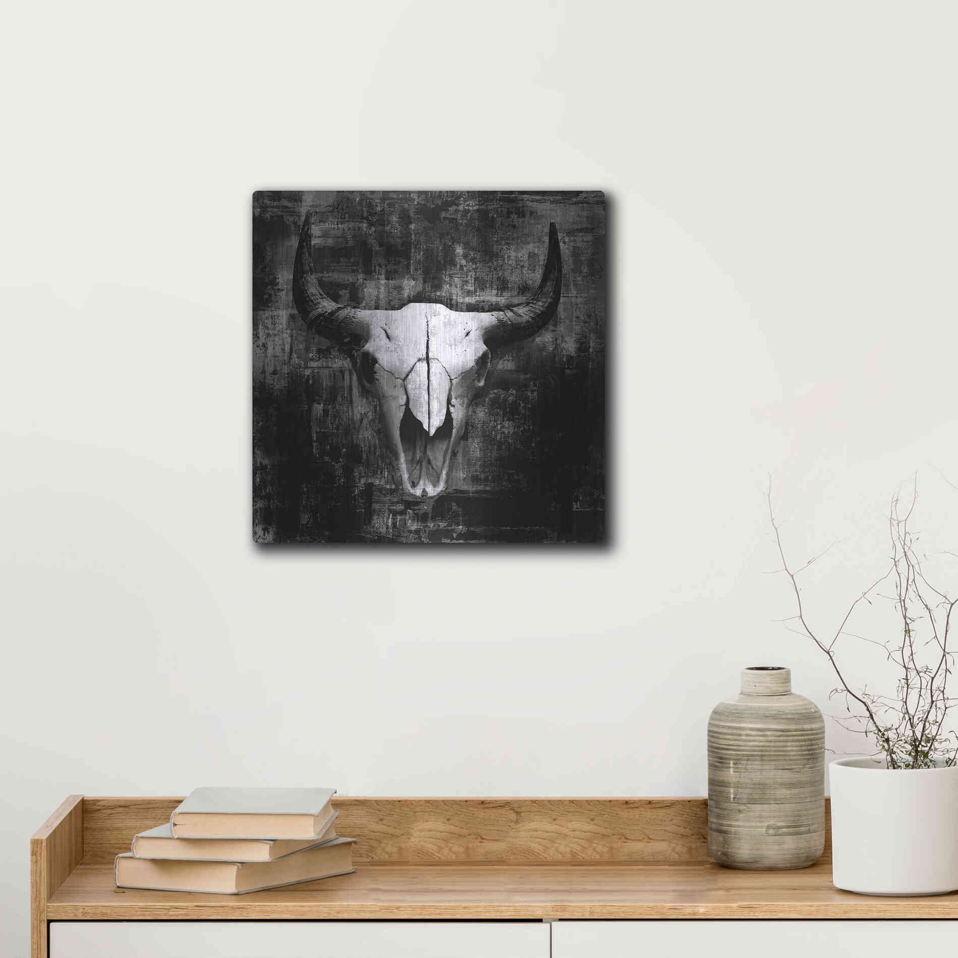 Luxe Metal Art 'Black Cowskull' by GraphINC, Metal Wall Art,12x12