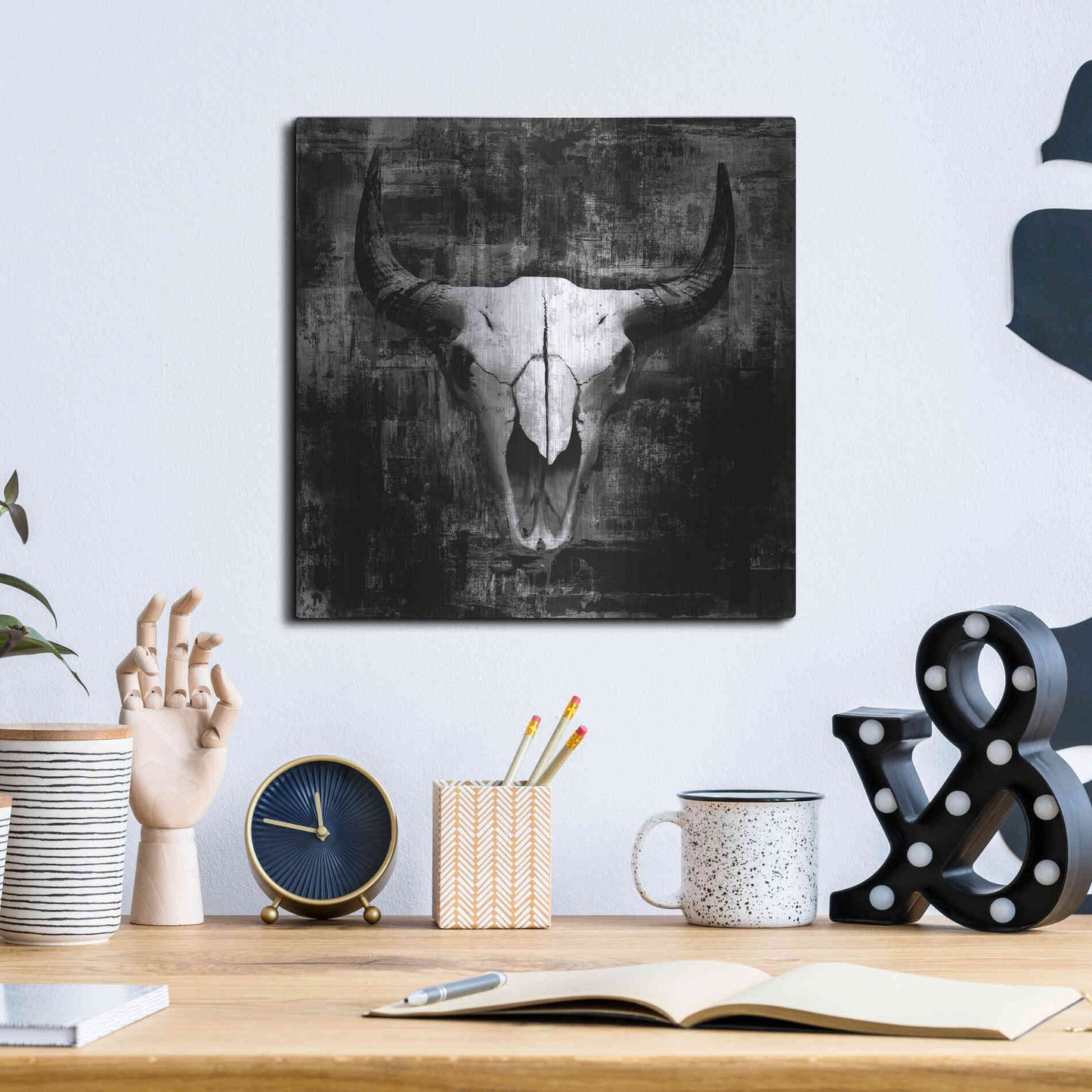 Luxe Metal Art 'Black Cowskull' by GraphINC, Metal Wall Art,12x12