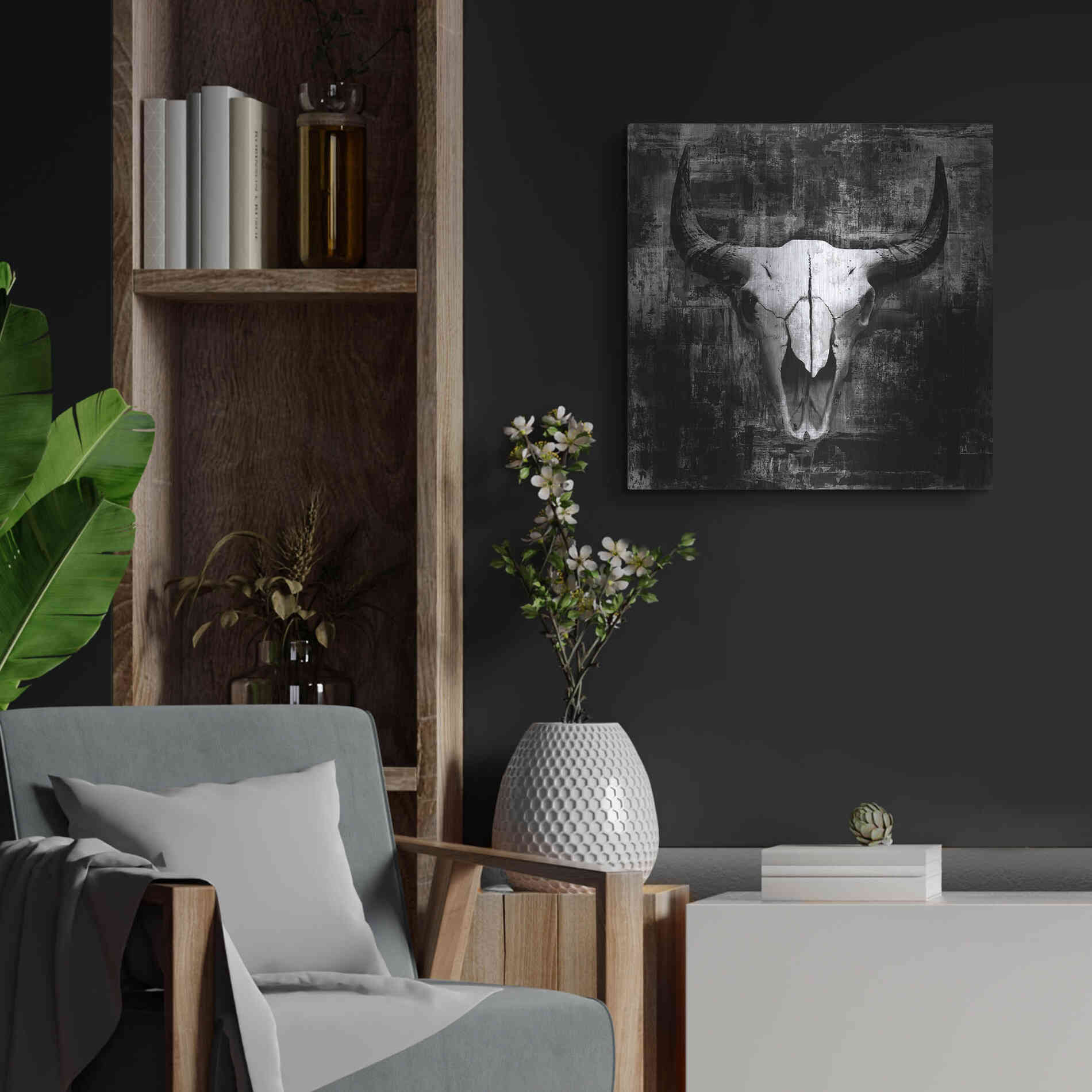 Luxe Metal Art 'Black Cowskull' by GraphINC, Metal Wall Art,24x24