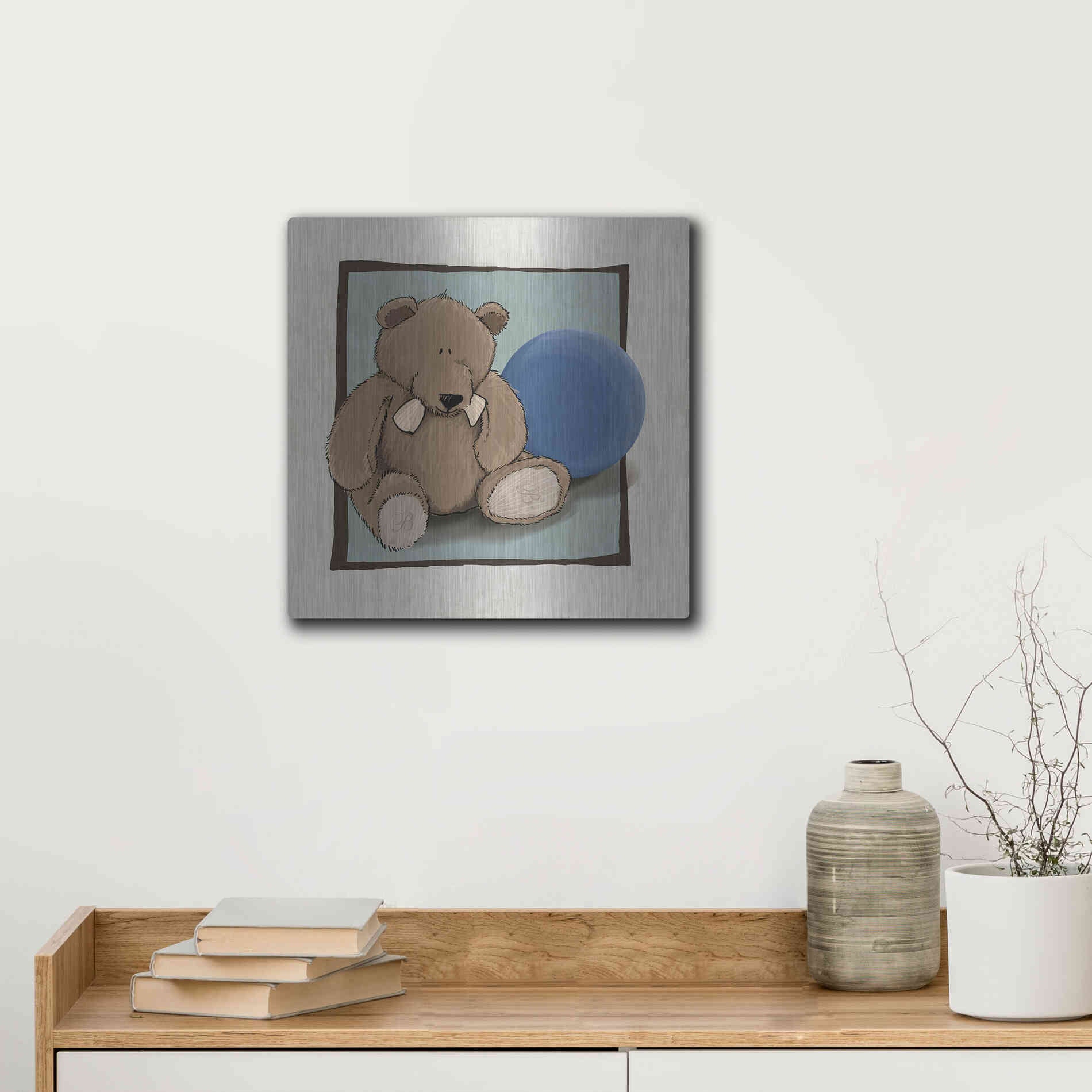 Luxe Metal Art 'Teddy Bear and Ball' by GraphINC, Metal Wall Art,12x12