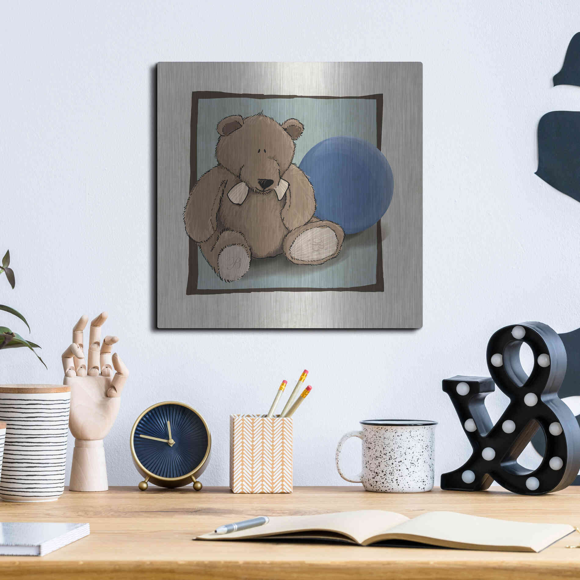 Luxe Metal Art 'Teddy Bear and Ball' by GraphINC, Metal Wall Art,12x12