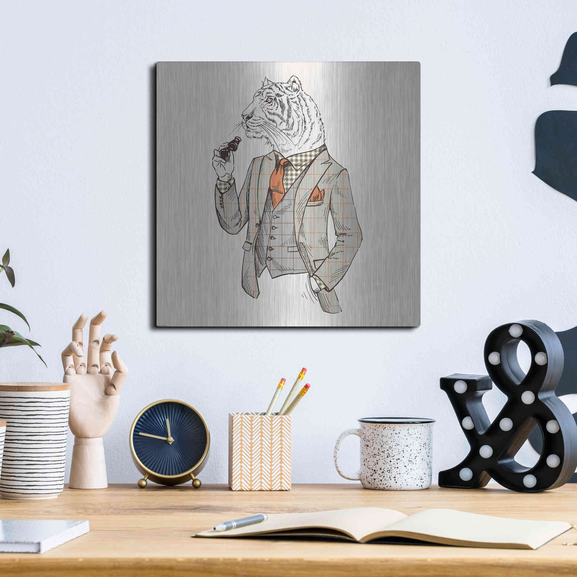 Luxe Metal Art 'Tiger-Man' by GraphINC, Metal Wall Art,12x12