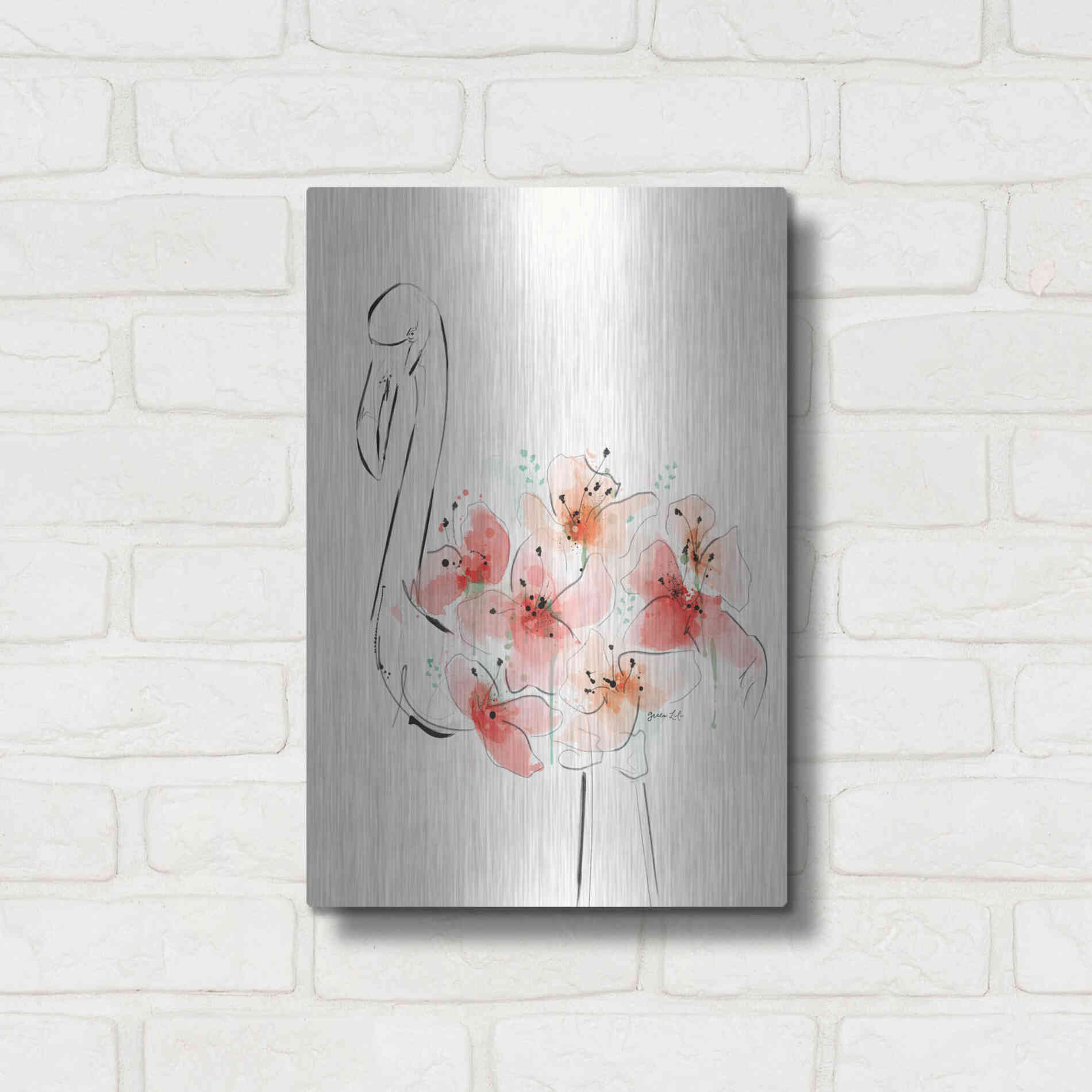 Luxe Metal Art 'Flamingo Flowers' by Green Lili, Metal Wall Art,12x16