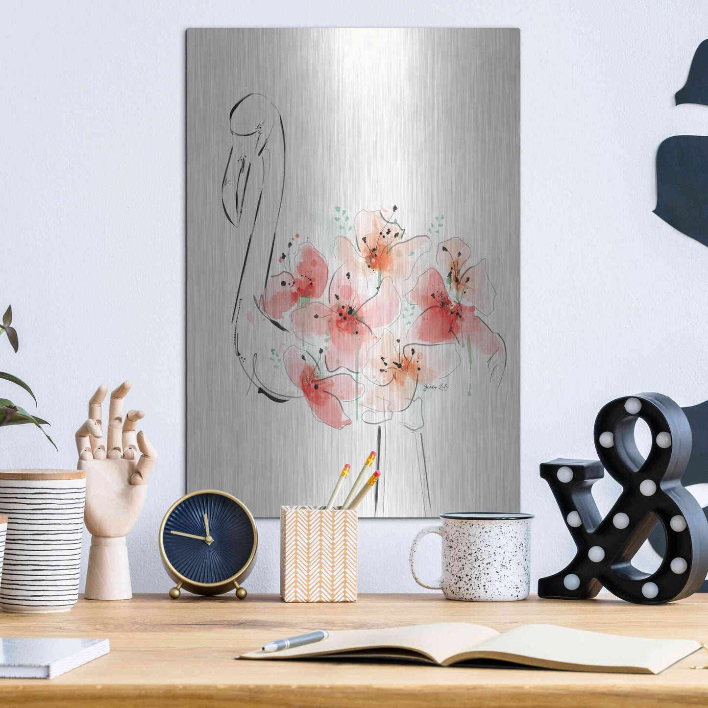 Luxe Metal Art 'Flamingo Flowers' by Green Lili, Metal Wall Art,12x16