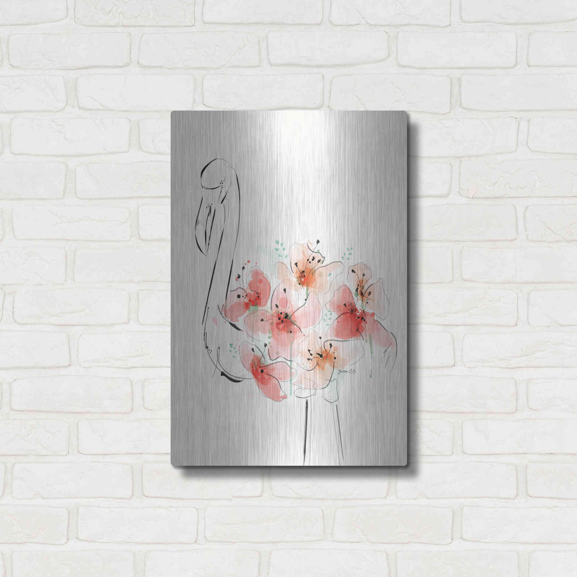 Luxe Metal Art 'Flamingo Flowers' by Green Lili, Metal Wall Art,16x24