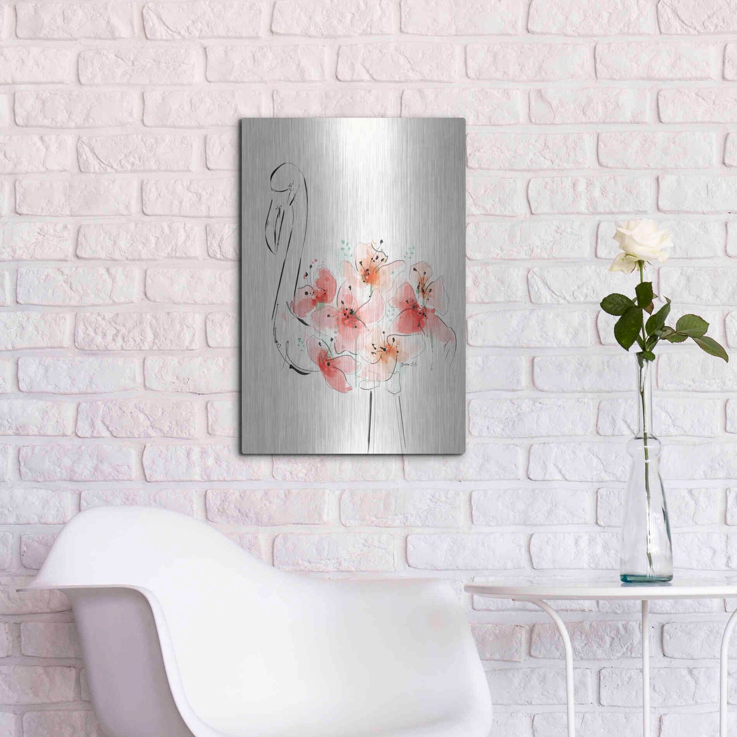 Luxe Metal Art 'Flamingo Flowers' by Green Lili, Metal Wall Art,16x24