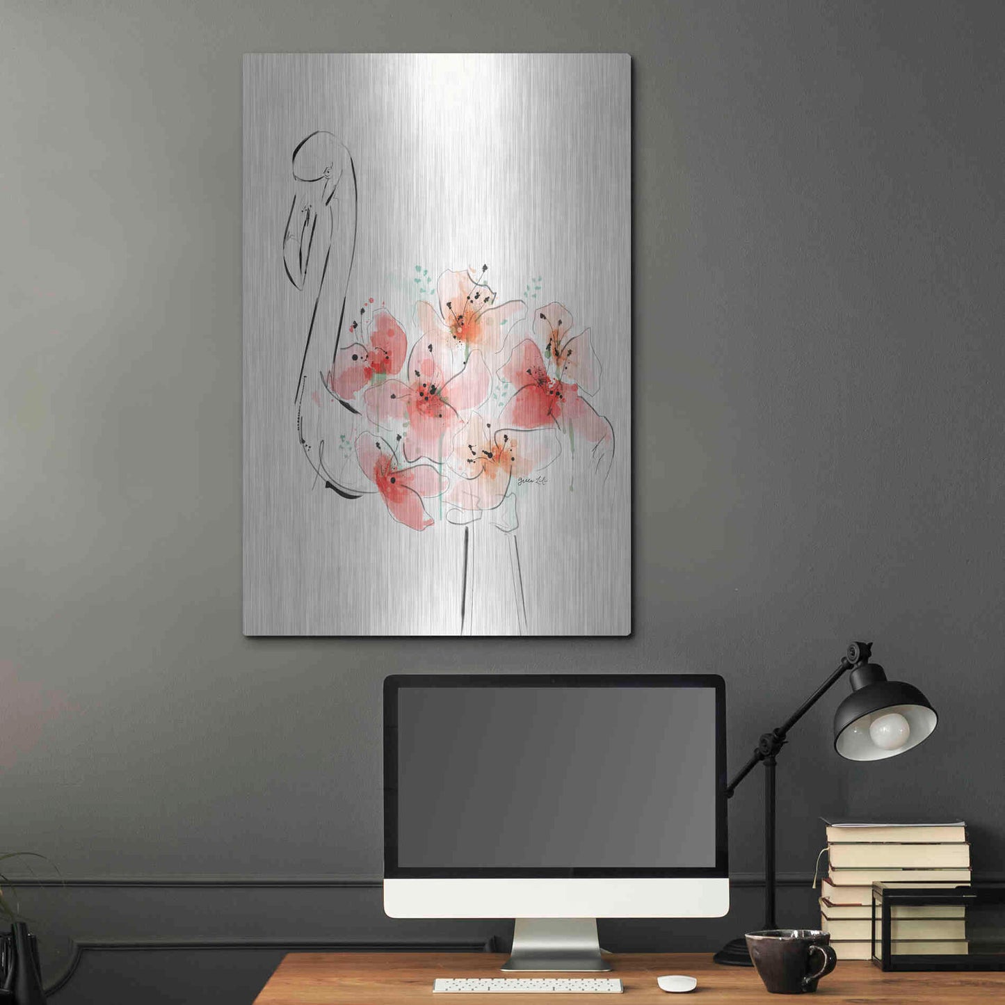 Luxe Metal Art 'Flamingo Flowers' by Green Lili, Metal Wall Art,24x36