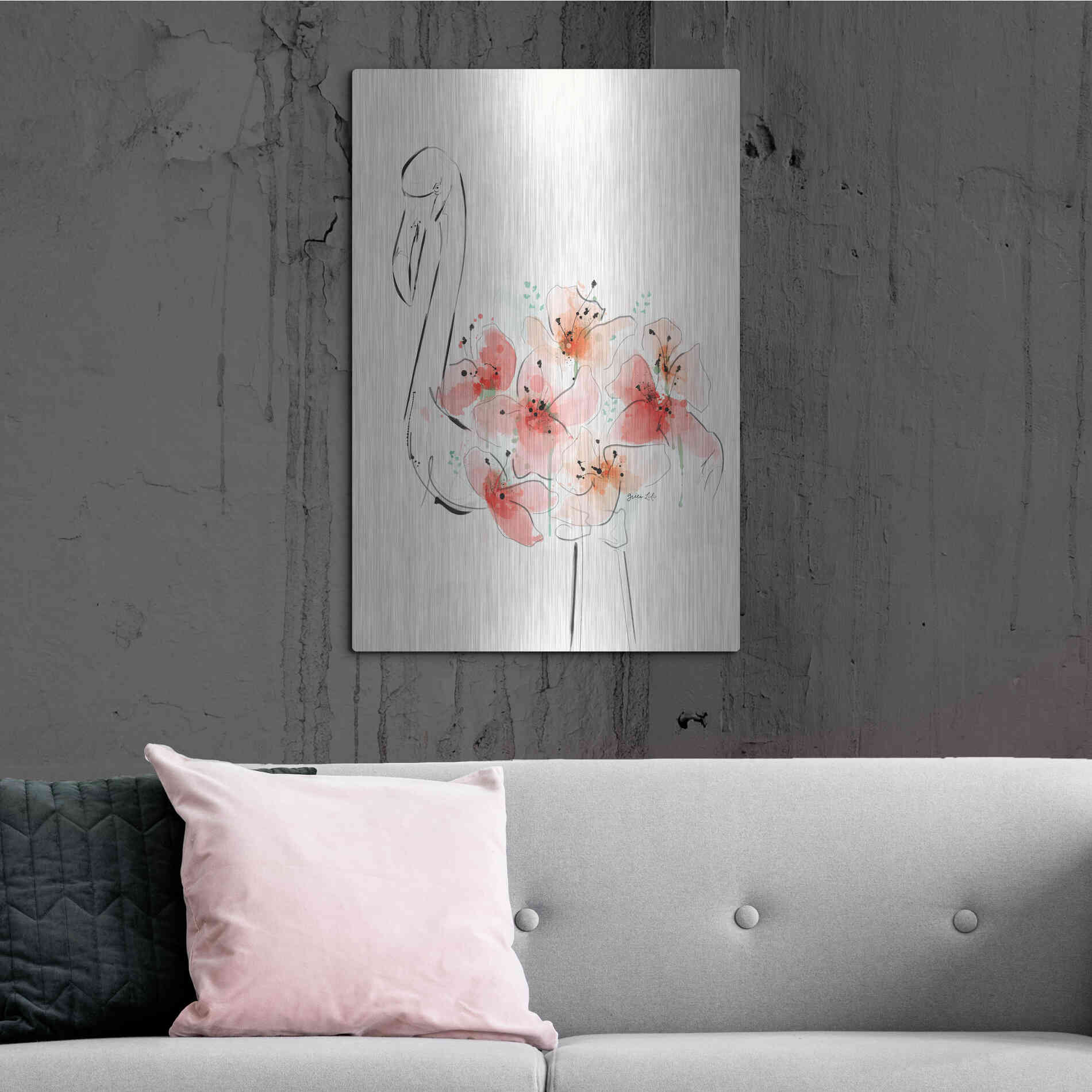 Luxe Metal Art 'Flamingo Flowers' by Green Lili, Metal Wall Art,24x36