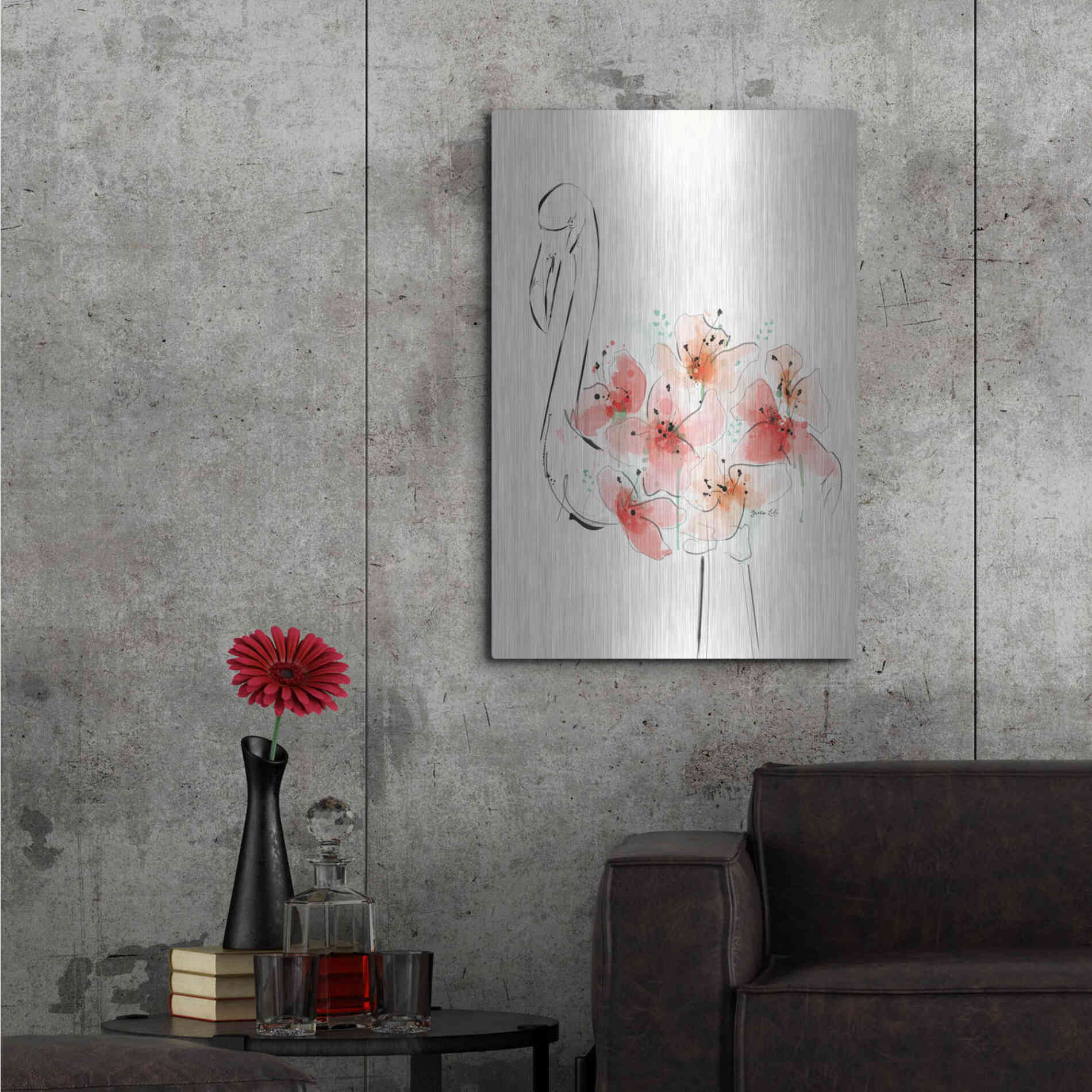 Luxe Metal Art 'Flamingo Flowers' by Green Lili, Metal Wall Art,24x36